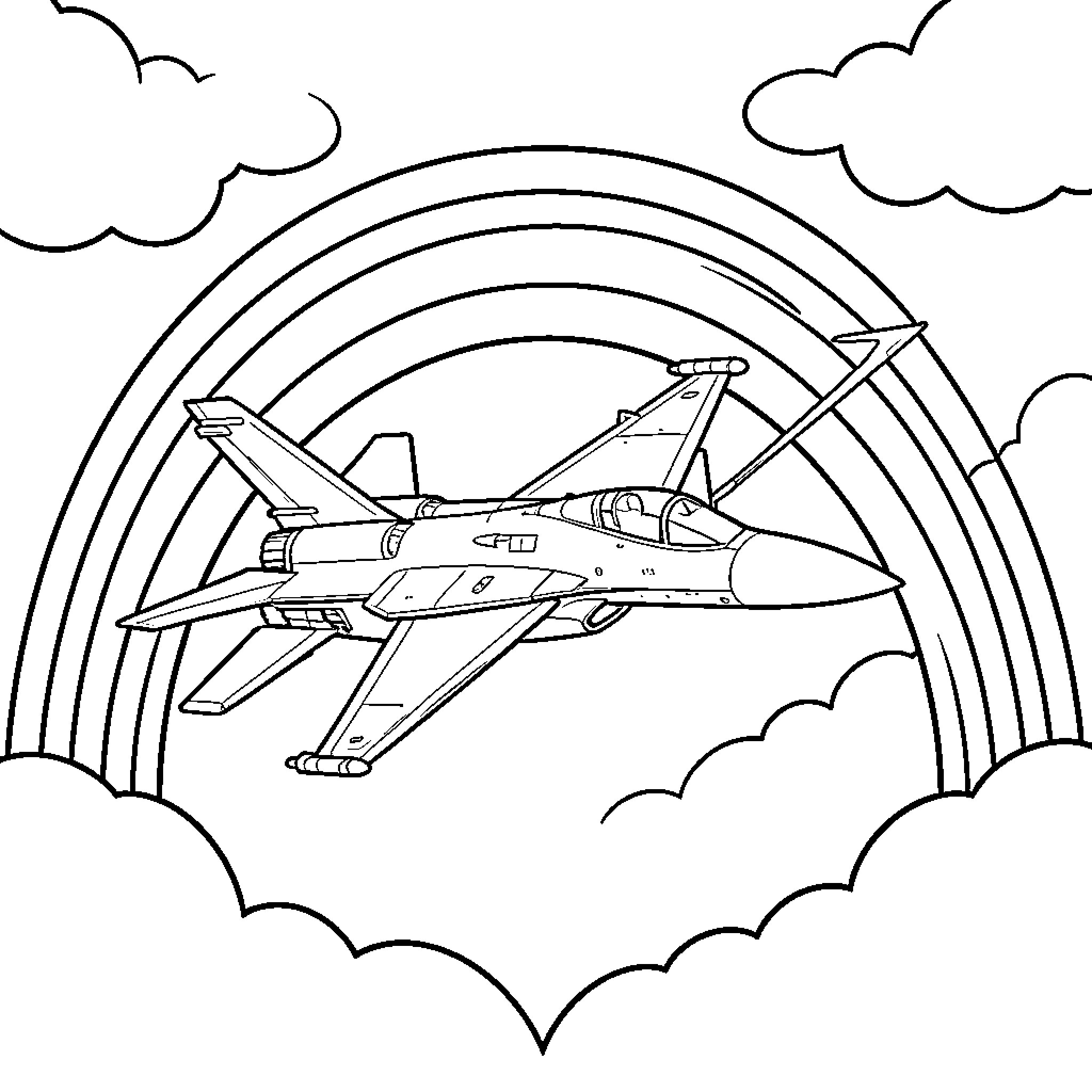 Fighter Jet soaring through the skies with clouds Coloring Page (free black-and-white line drawing printable PDF for all, from beginners to advanced learners, including children, teens, adults, and seniors)