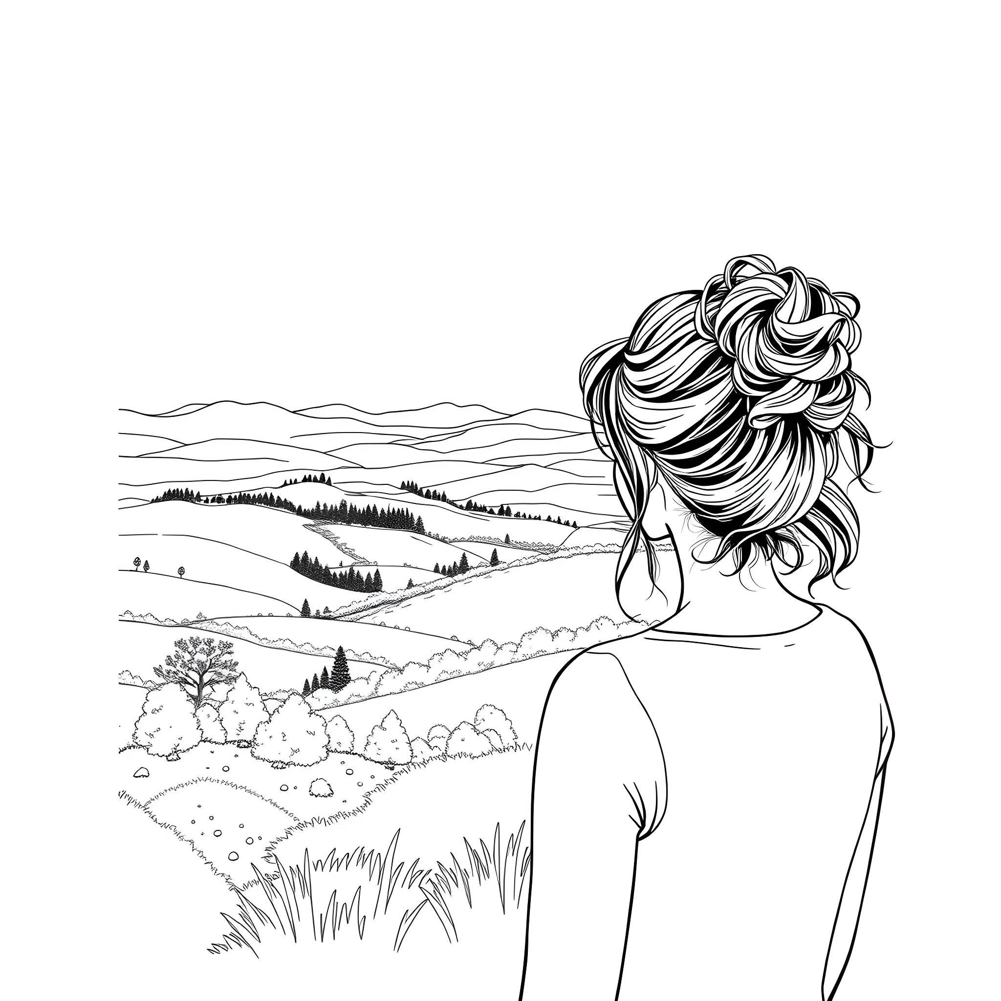 Woman admiring scenic mountain landscape Coloring Page (free black-and-white line drawing printable PDF for all, from beginners to advanced learners, including children, teens, adults, and seniors)