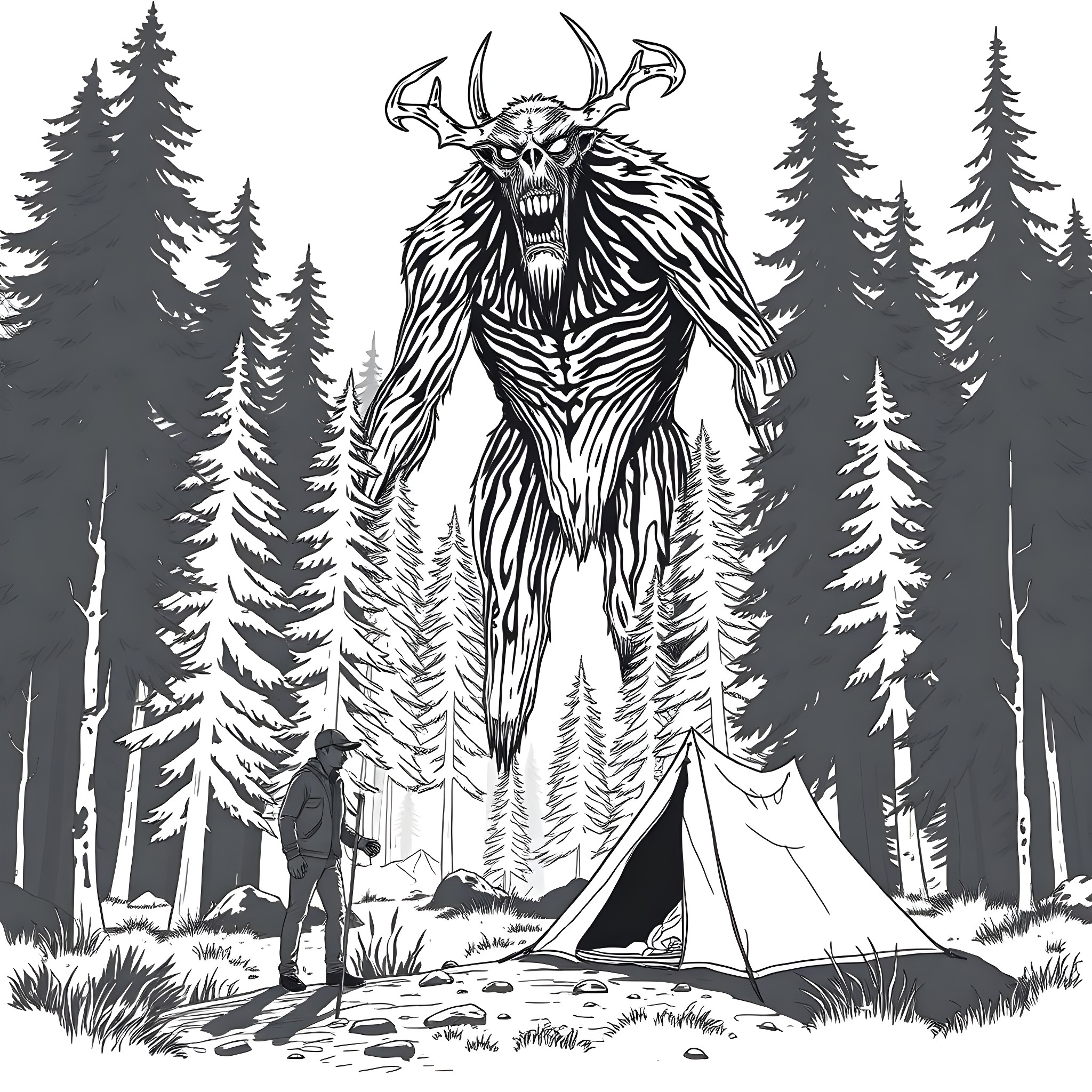 Wendigo stalking a campsite in the eerie forest Coloring Page (free black-and-white line drawing printable PDF for all, from beginners to advanced learners, including children, teens, adults, and seniors)