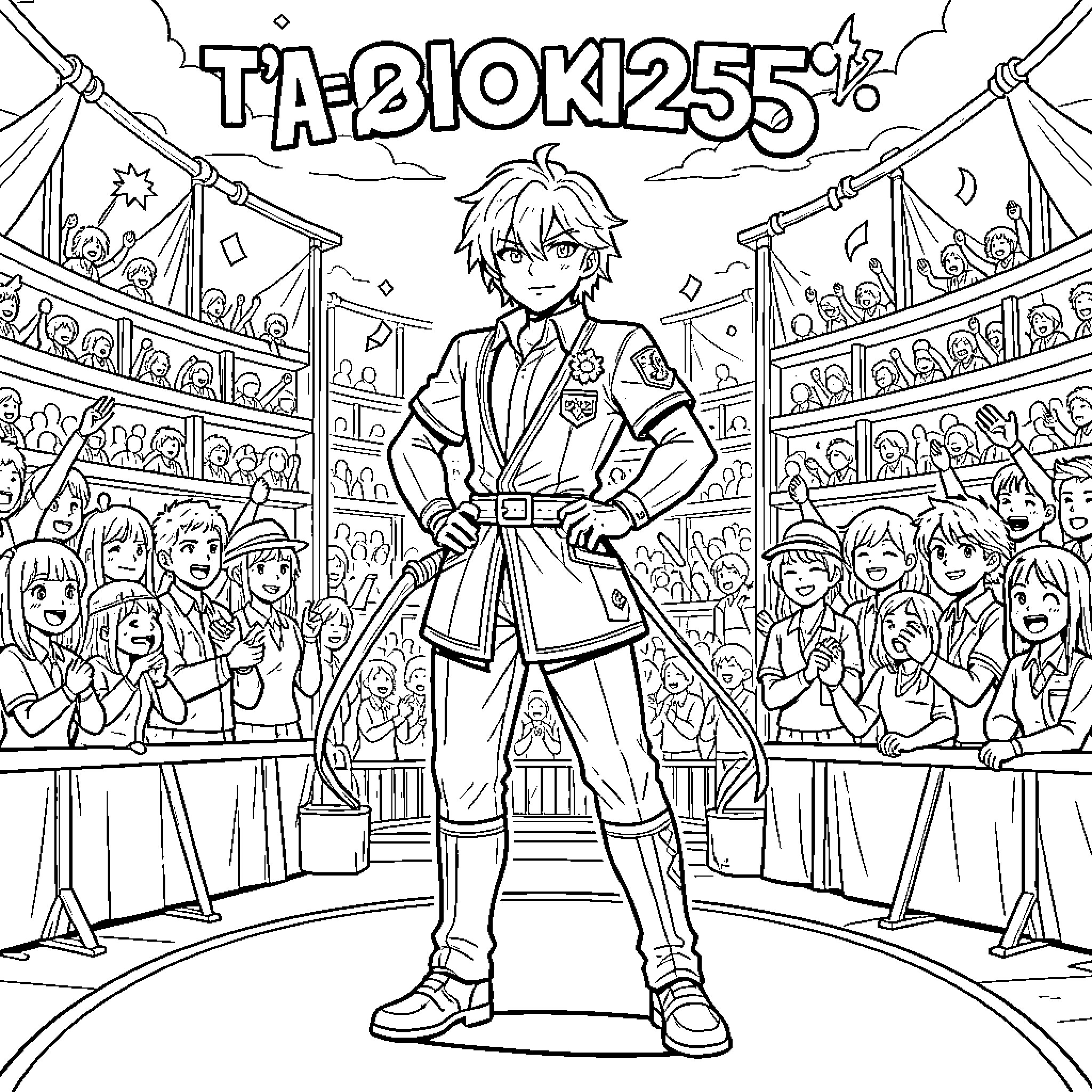 Taoki standing confidently before a cheering crowd Coloring Page (free black-and-white line drawing printable PDF for all, from beginners to advanced learners, including children, teens, adults, and seniors)