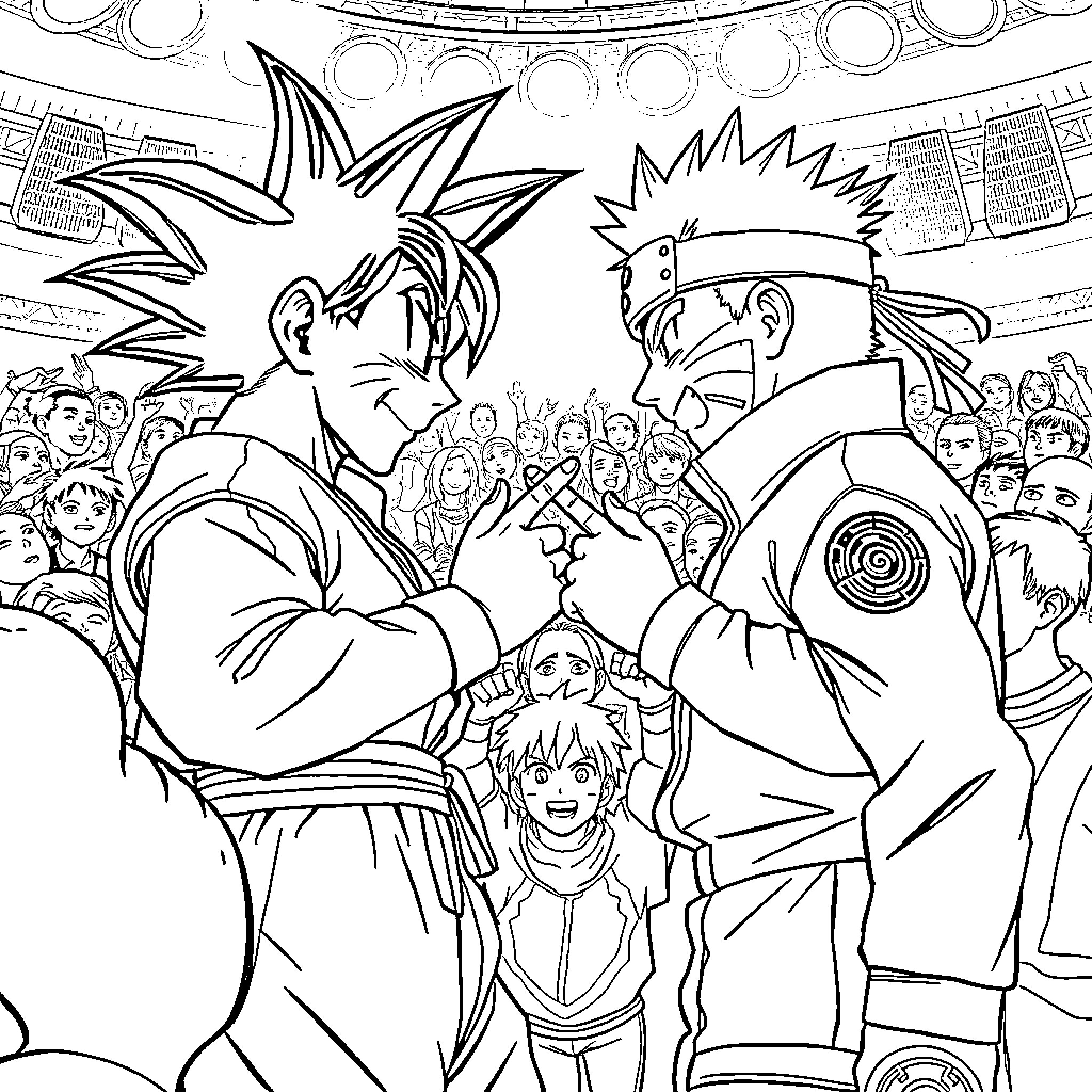 Goku and Naruto battle in a crowded arena Coloring Page (free black-and-white line drawing printable PDF for all, from beginners to advanced learners, including children, teens, adults, and seniors)