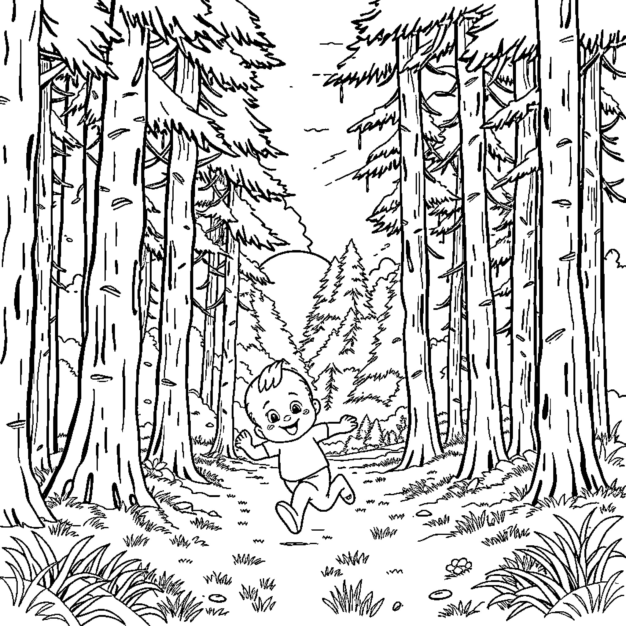 Baby happily exploring the enchanting forest Coloring Page (free black-and-white line drawing printable PDF for all, from beginners to advanced learners, including children, teens, adults, and seniors)