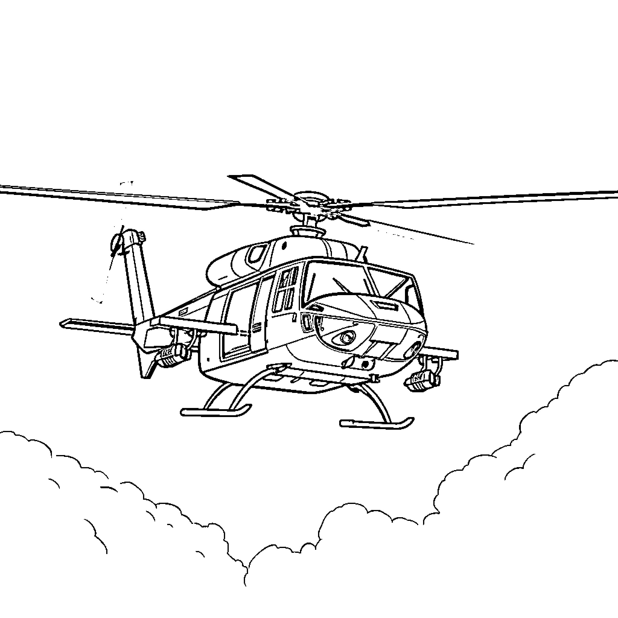 Helicopter in flight over cloudy skies Coloring Page (free black-and-white line drawing printable PDF for all, from beginners to advanced learners, including children, teens, adults, and seniors)