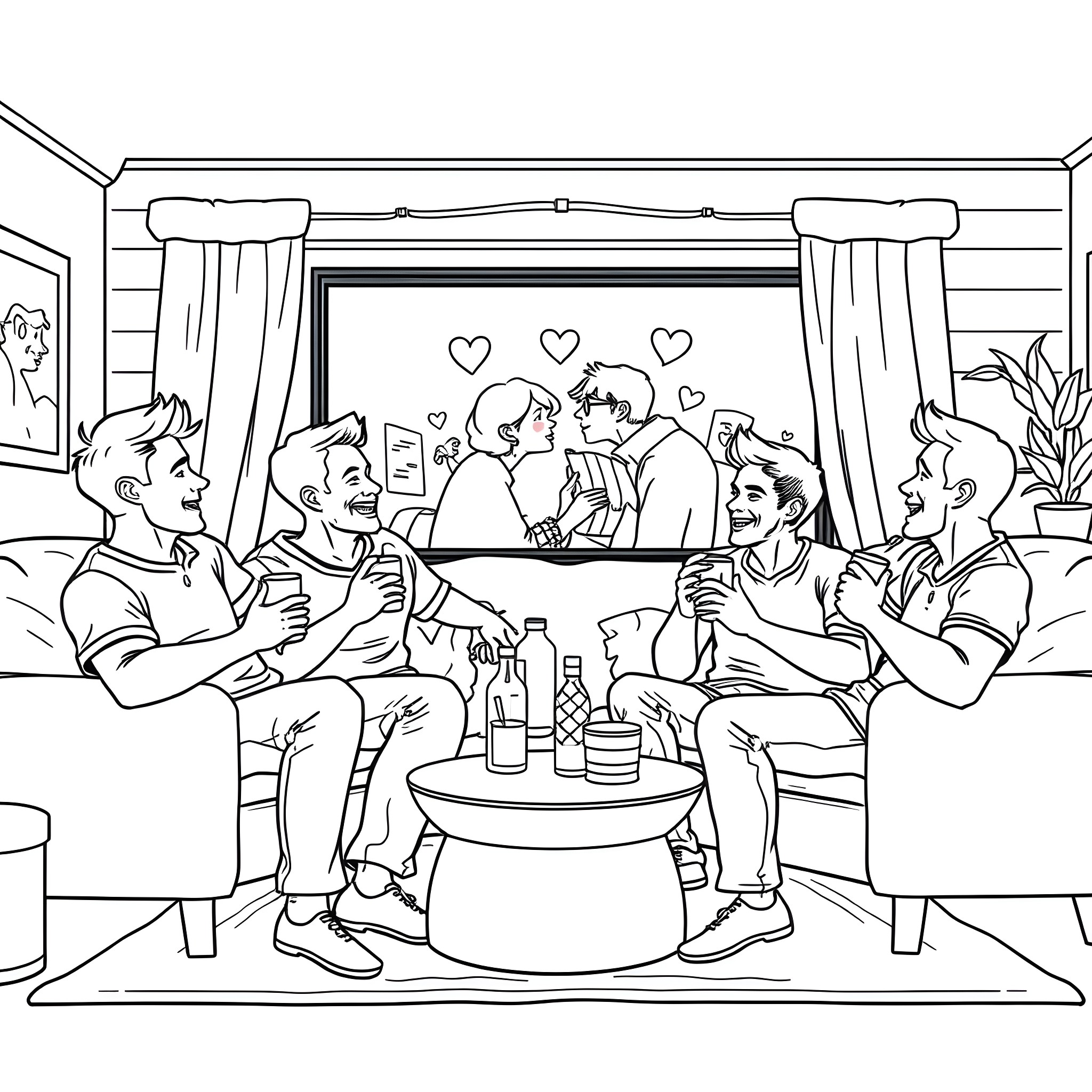 Friend Enjoying Fun Gathering with Loved Ones Coloring Page (free black-and-white line drawing printable PDF for all, from beginners to advanced learners, including children, teens, adults, and seniors)