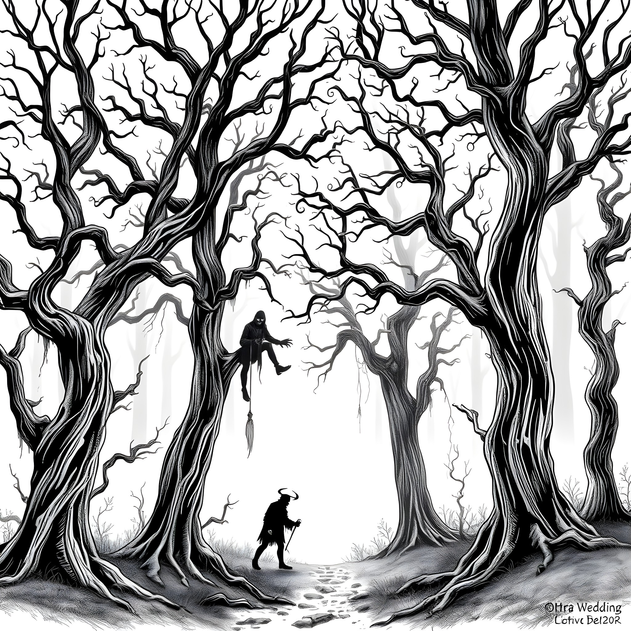 Wendigo stalking through the haunting forest Coloring Page (free black-and-white line drawing printable PDF for all, from beginners to advanced learners, including children, teens, adults, and seniors)