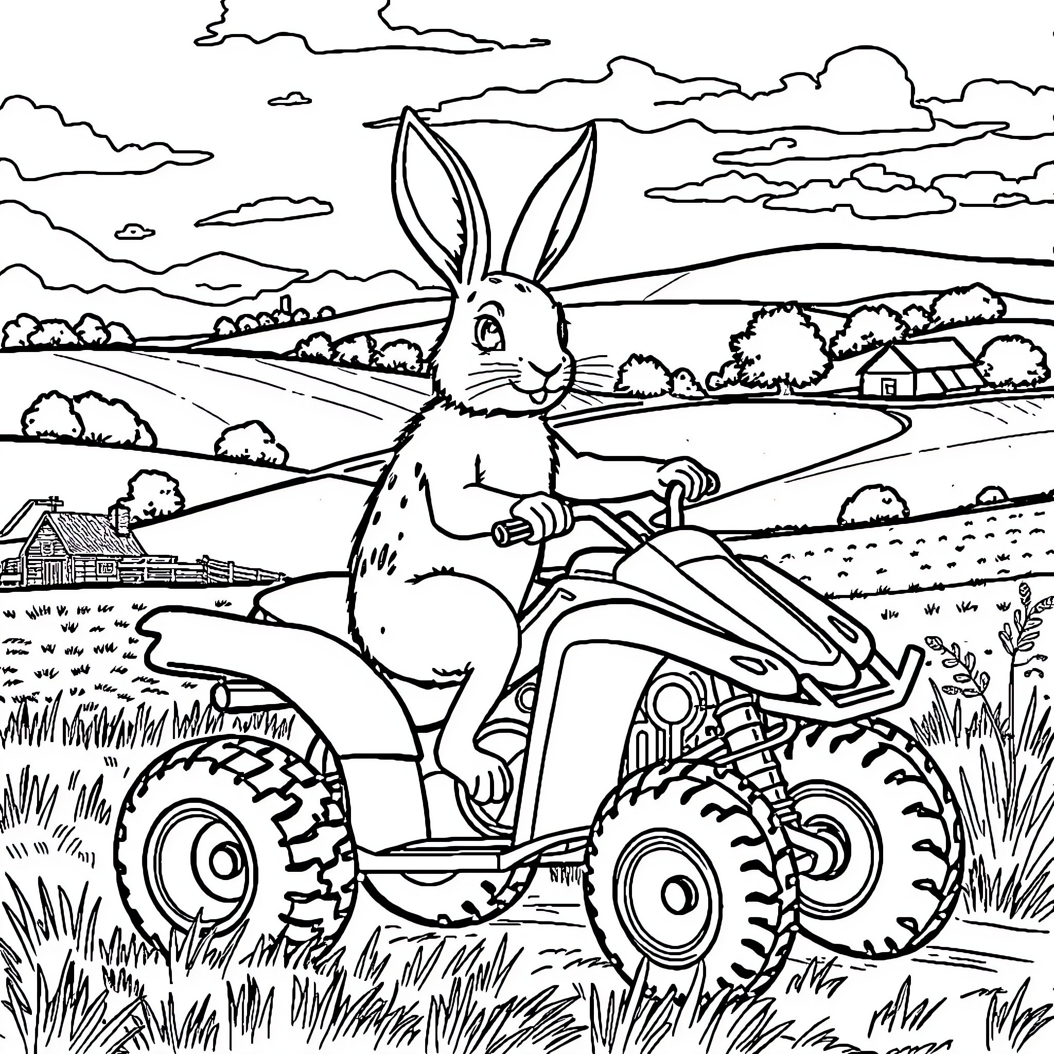 Hare riding a tractor through the countryside Coloring Page (free black-and-white line drawing printable PDF for all, from beginners to advanced learners, including children, teens, adults, and seniors)