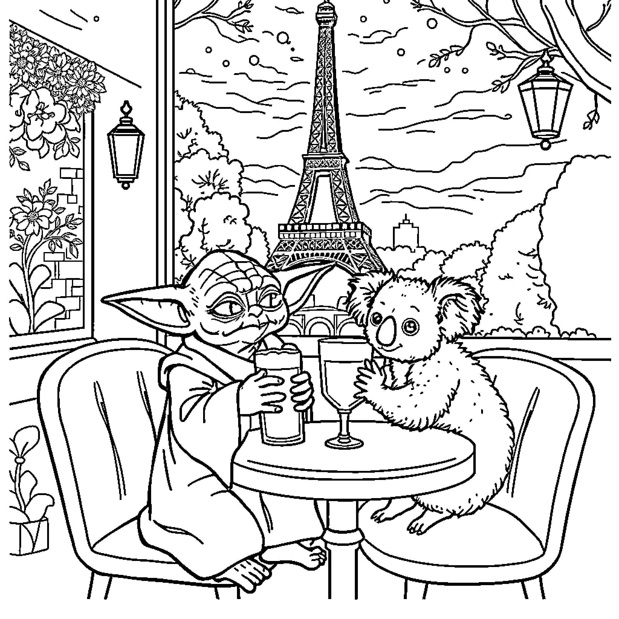 Yoda and Koala Enjoying Parisian Sights Coloring Page (free black-and-white line drawing printable PDF for all, from beginners to advanced learners, including children, teens, adults, and seniors)