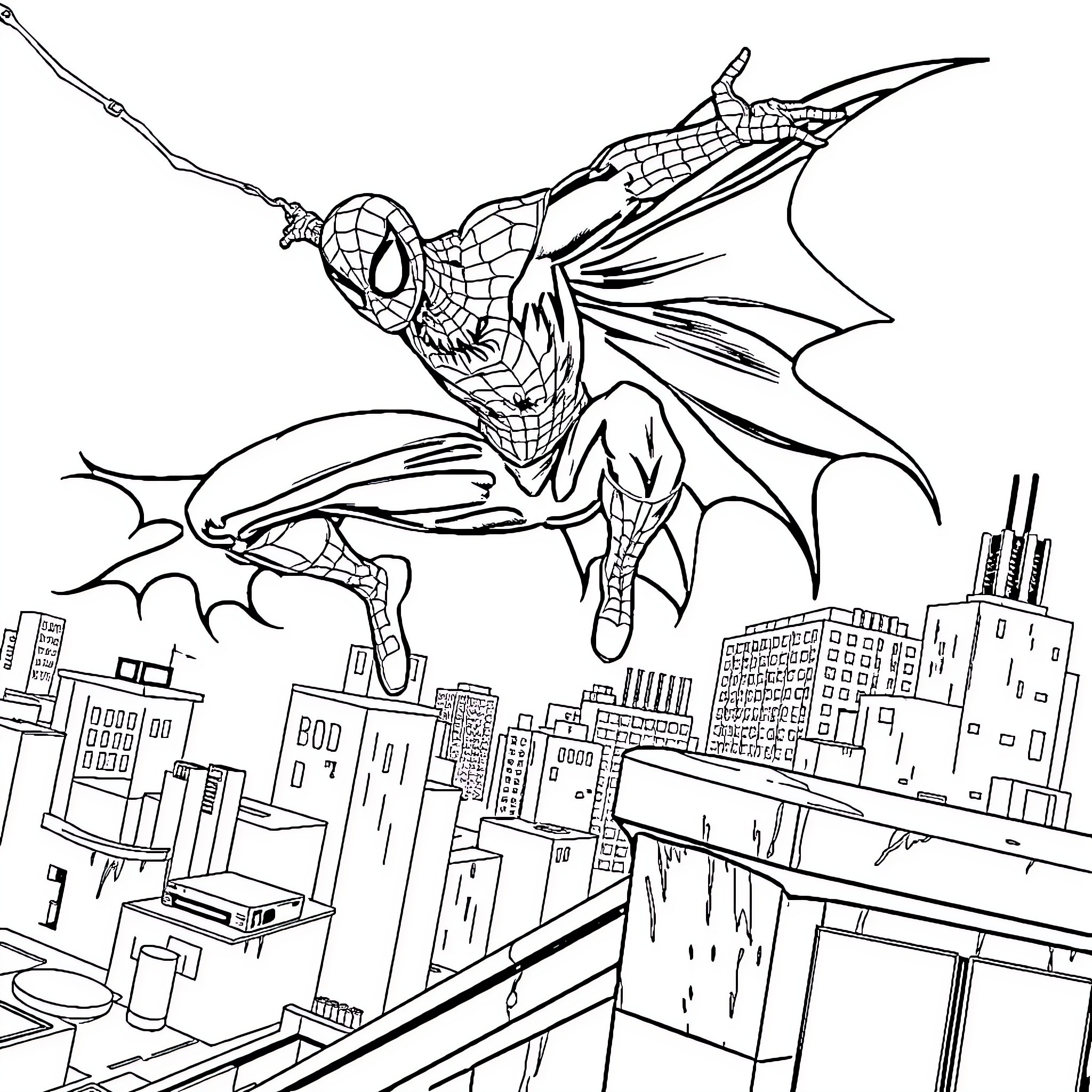 Spiderman swinging over the city skyline Coloring Page (free black-and-white line drawing printable PDF for all, from beginners to advanced learners, including children, teens, adults, and seniors)