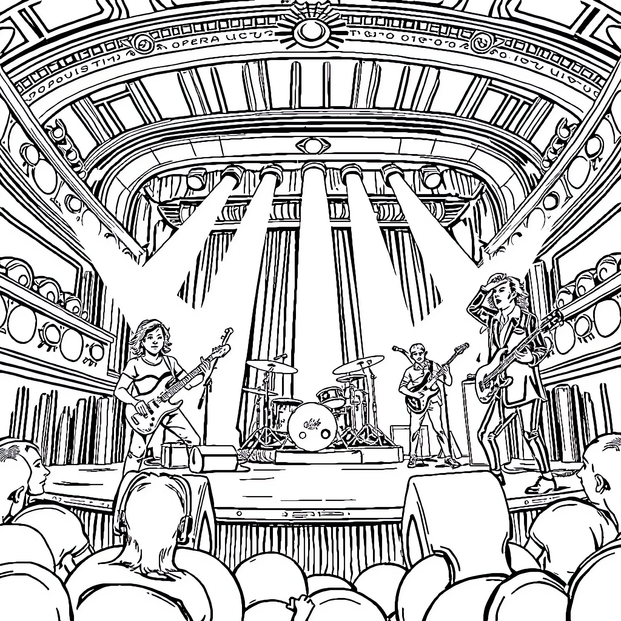 Rock Band Performing on an Ornate Stage Coloring Page (free black-and-white line drawing printable PDF for all, from beginners to advanced learners, including children, teens, adults, and seniors)