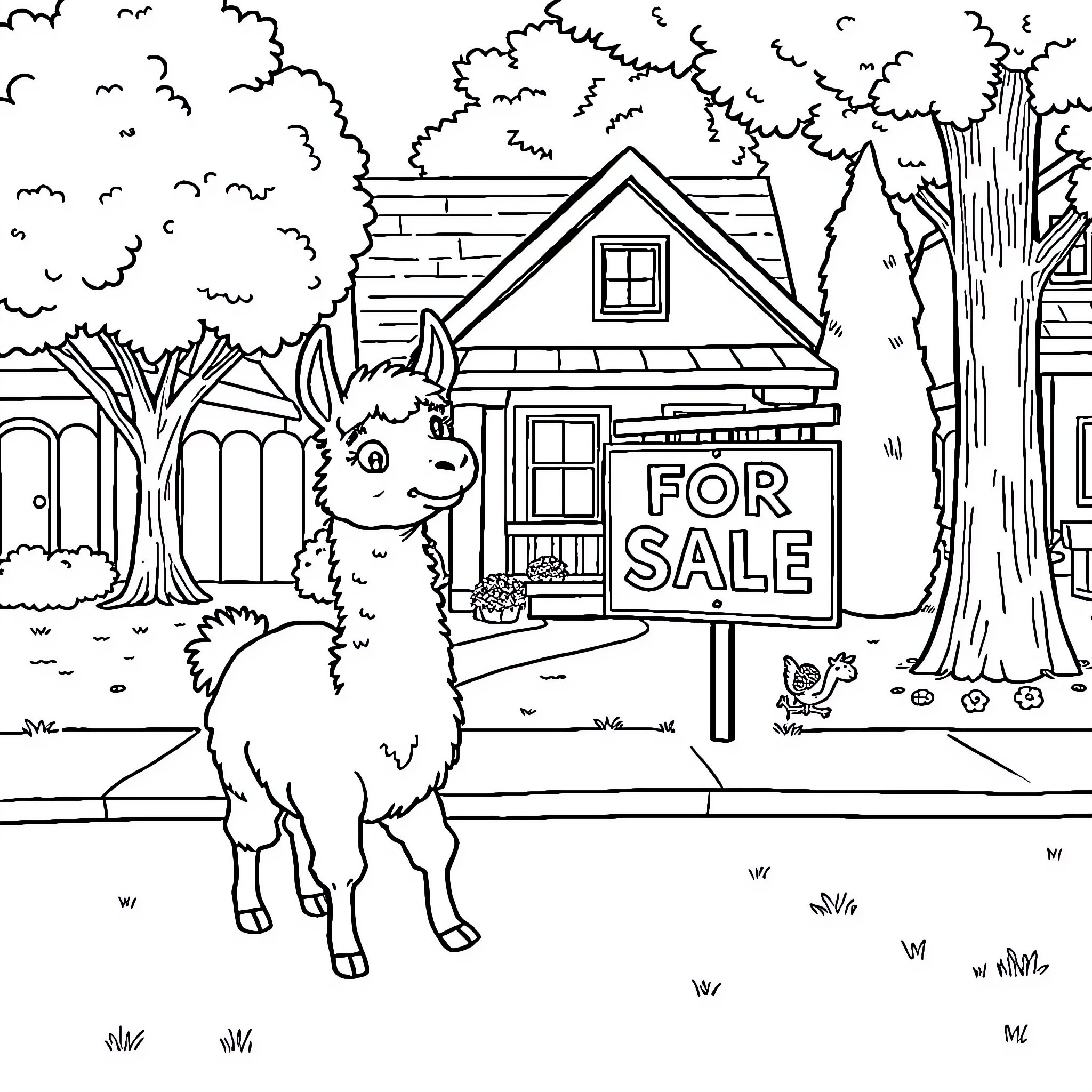Llama standing near a house for sale Coloring Page (free black-and-white line drawing printable PDF for all, from beginners to advanced learners, including children, teens, adults, and seniors)