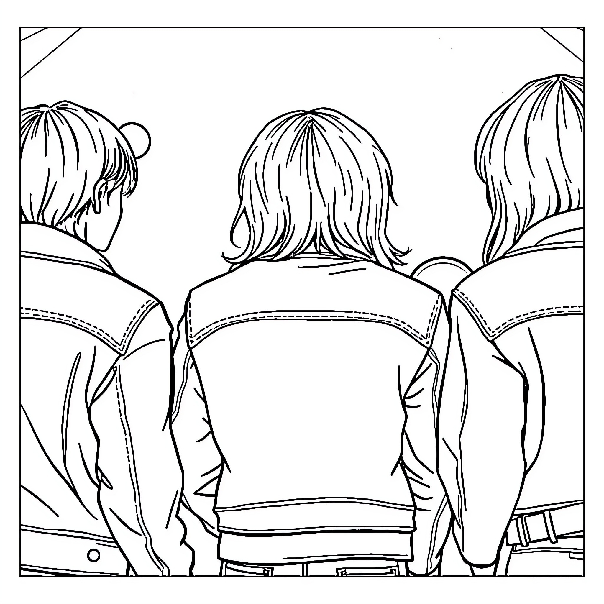 Kpop Performers in Coordinated Outfits Coloring Page (free black-and-white line drawing printable PDF for all, from beginners to advanced learners, including children, teens, adults, and seniors)