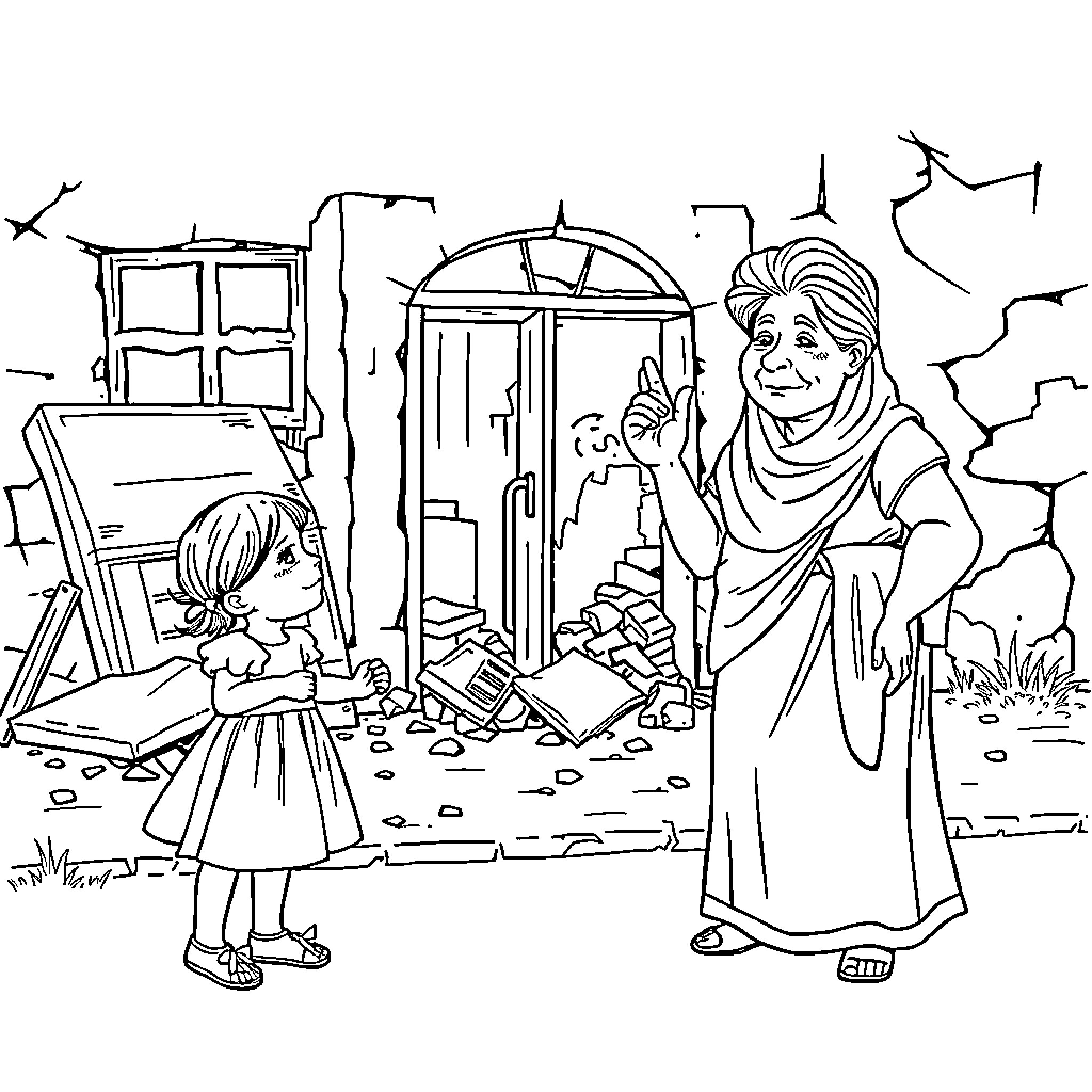 Niño's Artistic Exploration with Elder Coloring Page (free black-and-white line drawing printable PDF for all, from beginners to advanced learners, including children, teens, adults, and seniors)
