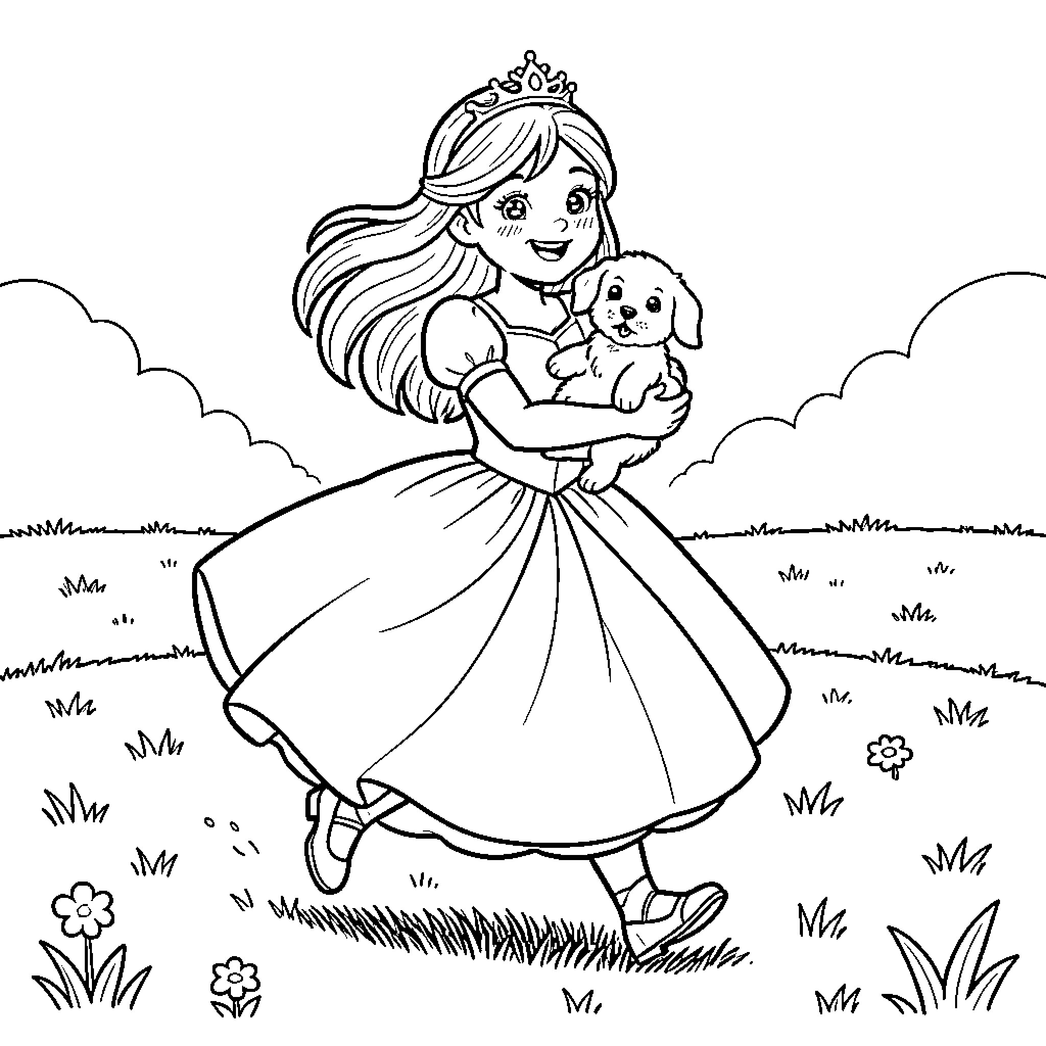 Princess smiling while holding a small puppy Coloring Page (free black-and-white line drawing printable PDF for all, from beginners to advanced learners, including children, teens, adults, and seniors)