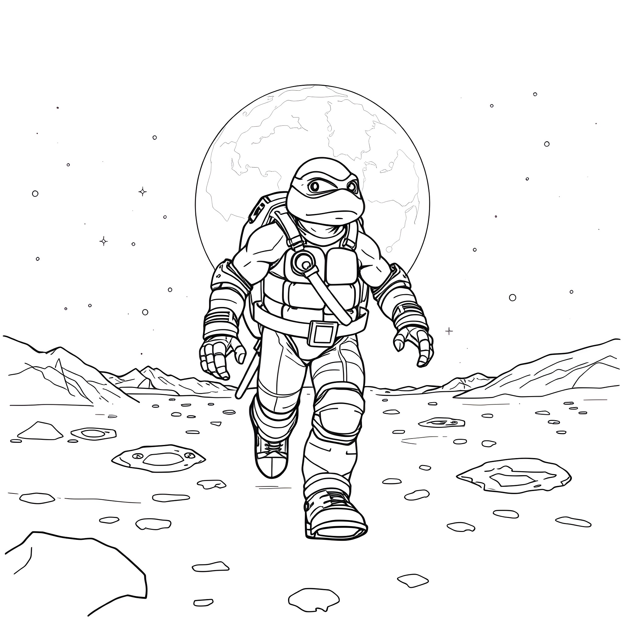 Teenage Mutant Ninja Turtle Astronaut Exploring Alien Landscape Coloring Page (free black-and-white line drawing printable PDF for all, from beginners to advanced learners, including children, teens, adults, and seniors)