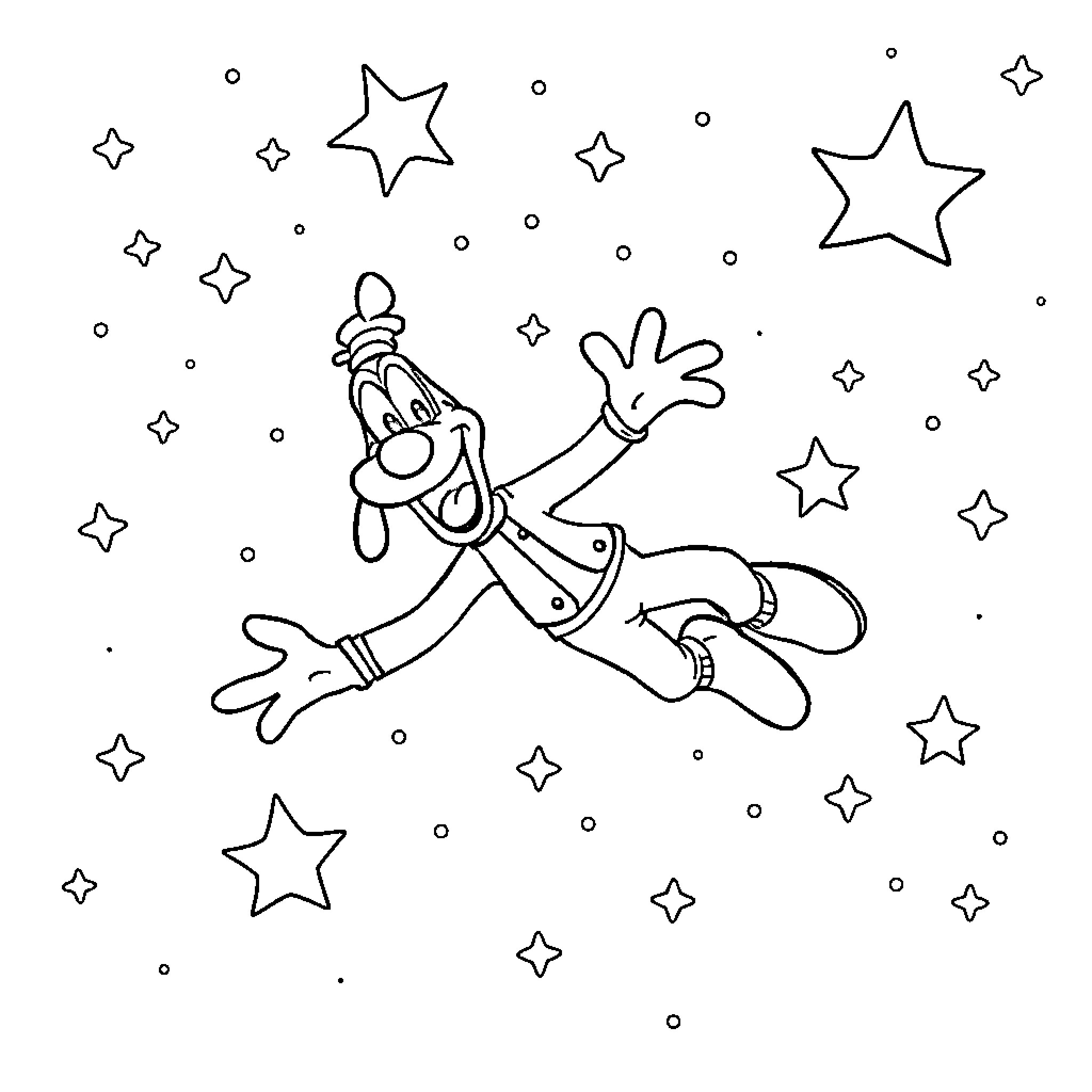 Goofy character floating amidst twinkling stars Coloring Page (free black-and-white line drawing printable PDF for all, from beginners to advanced learners, including children, teens, adults, and seniors)