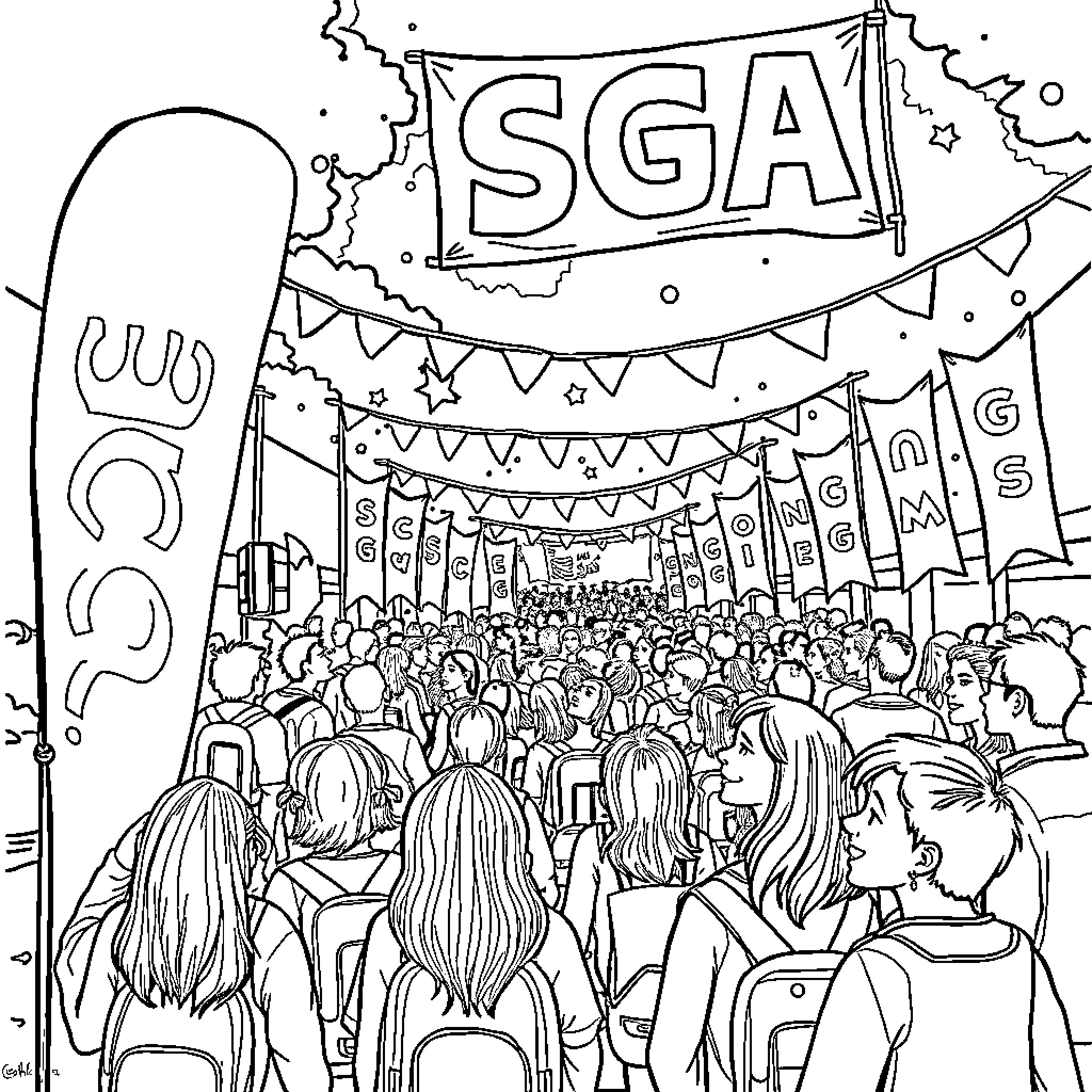 SGA Celebration with Crowds, Flags, and Decorations Coloring Page (free black-and-white line drawing printable PDF for all, from beginners to advanced learners, including children, teens, adults, and seniors)