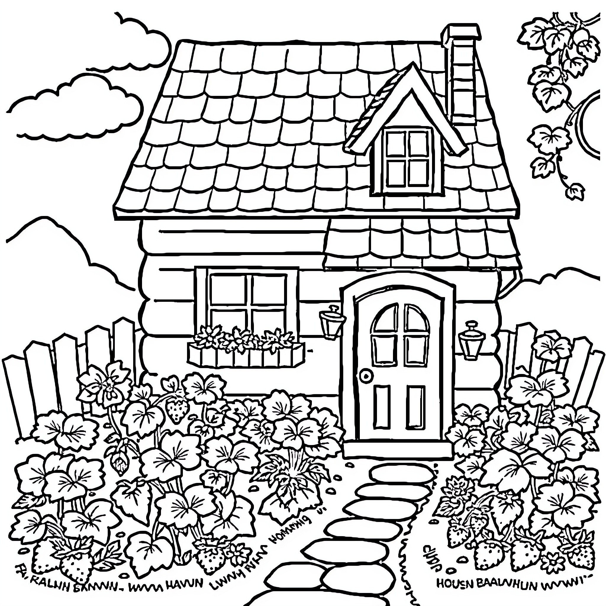 Strawberry House with Blooming Flowers and Picturesque Scenery Coloring Page (free black-and-white line drawing printable PDF for all, from beginners to advanced learners, including children, teens, adults, and seniors)
