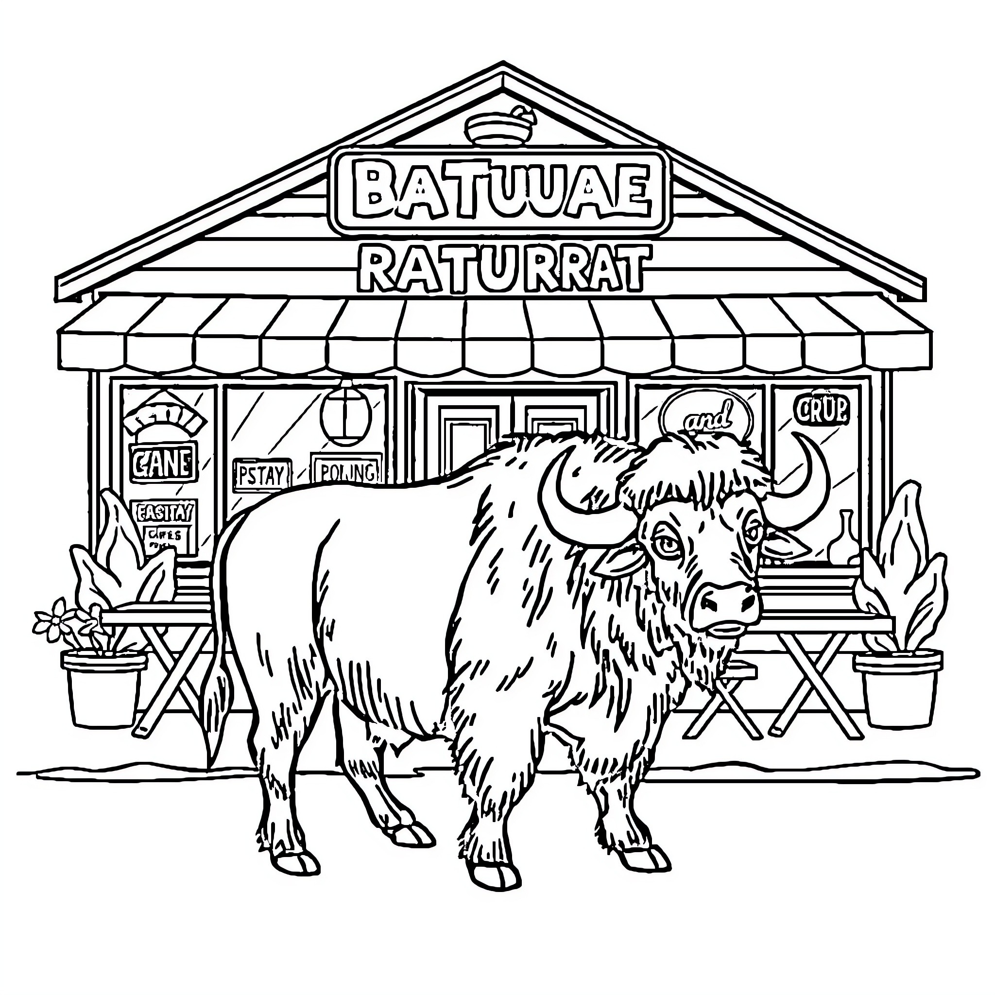 Buffalo at the Batuuae Raturrat Restaurant Coloring Page (free black-and-white line drawing printable PDF for all, from beginners to advanced learners, including children, teens, adults, and seniors)