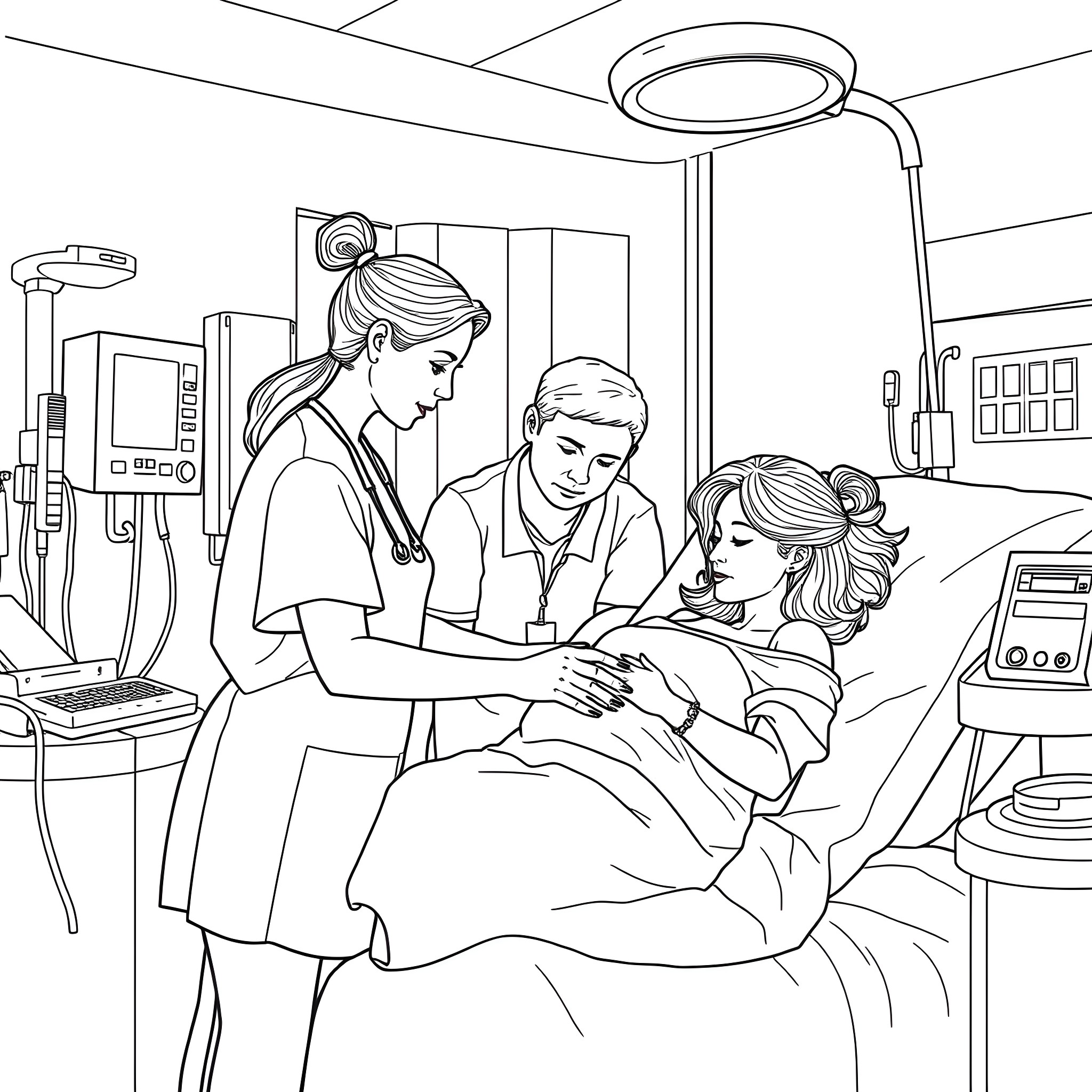 Nurse caring for patient in medical facility Coloring Page (free black-and-white line drawing printable PDF for all, from beginners to advanced learners, including children, teens, adults, and seniors)