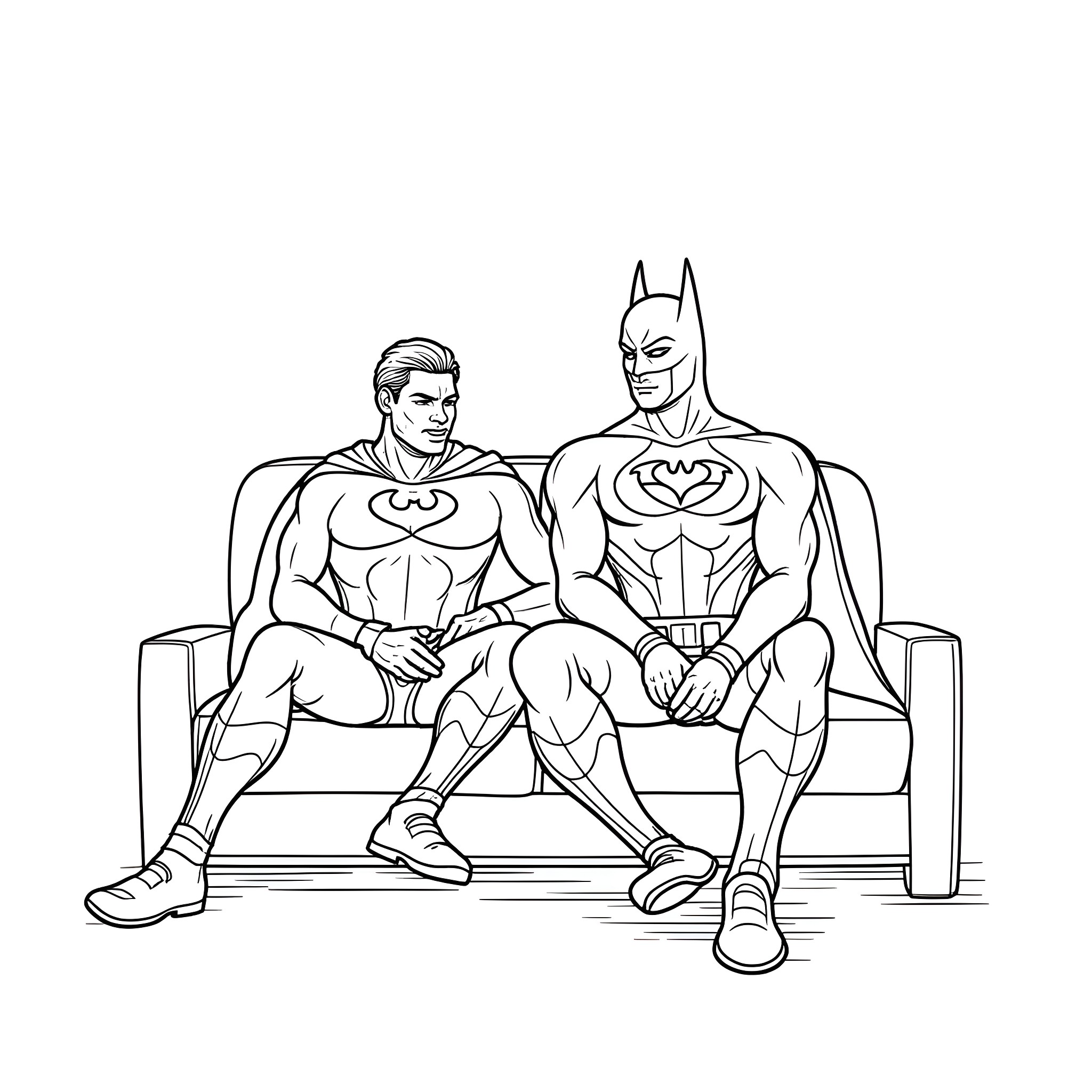 Batman and superhero friend relaxing on sofa Coloring Page (free black-and-white line drawing printable PDF for all, from beginners to advanced learners, including children, teens, adults, and seniors)