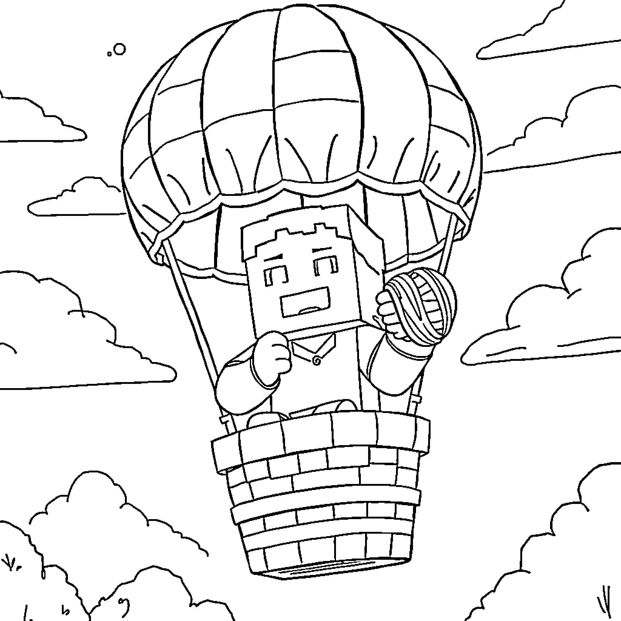 Minecraft character on a hot air balloon adventure Coloring Page (free black-and-white line drawing printable PDF for all, from beginners to advanced learners, including children, teens, adults, and seniors)