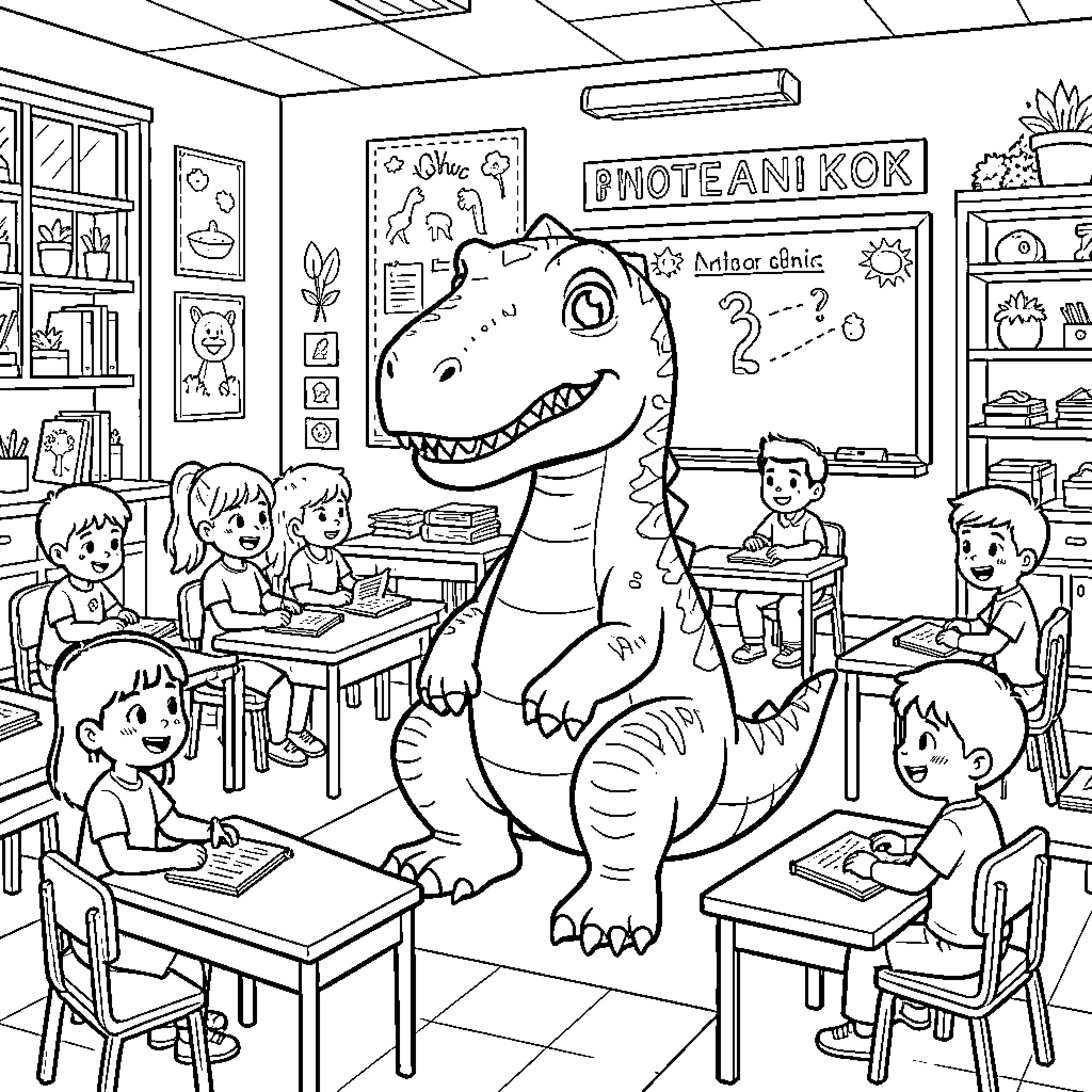 Dino Classroom Adventure: Students and Dinosaur in a Lively Scene Coloring Page (free black-and-white line drawing printable PDF for all, from beginners to advanced learners, including children, teens, adults, and seniors)