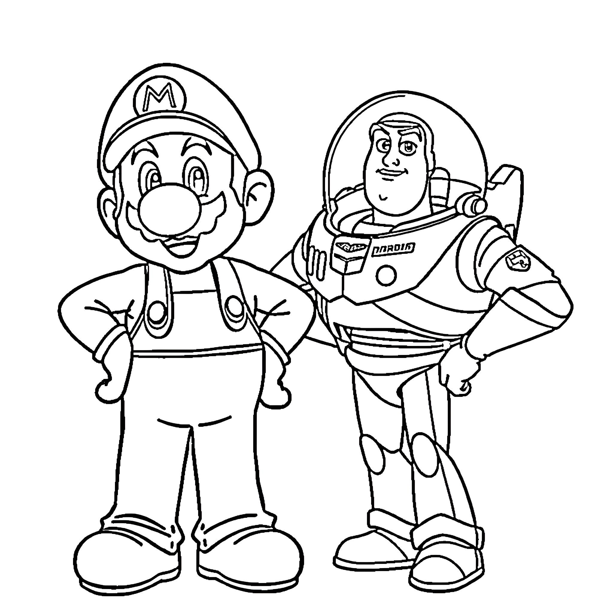 Mario and Buzz Lightyear in Playful Encounter Coloring Page (free black-and-white line drawing printable PDF for all, from beginners to advanced learners, including children, teens, adults, and seniors)