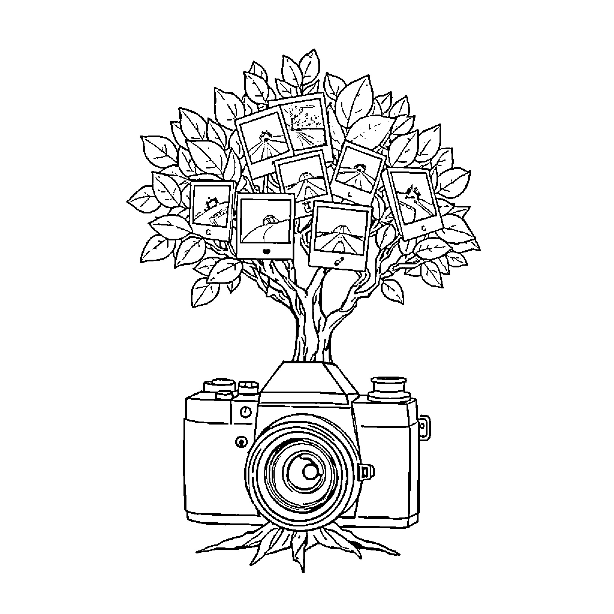 Tree of Memories Captured by Camera Coloring Page (free black-and-white line drawing printable PDF for all, from beginners to advanced learners, including children, teens, adults, and seniors)