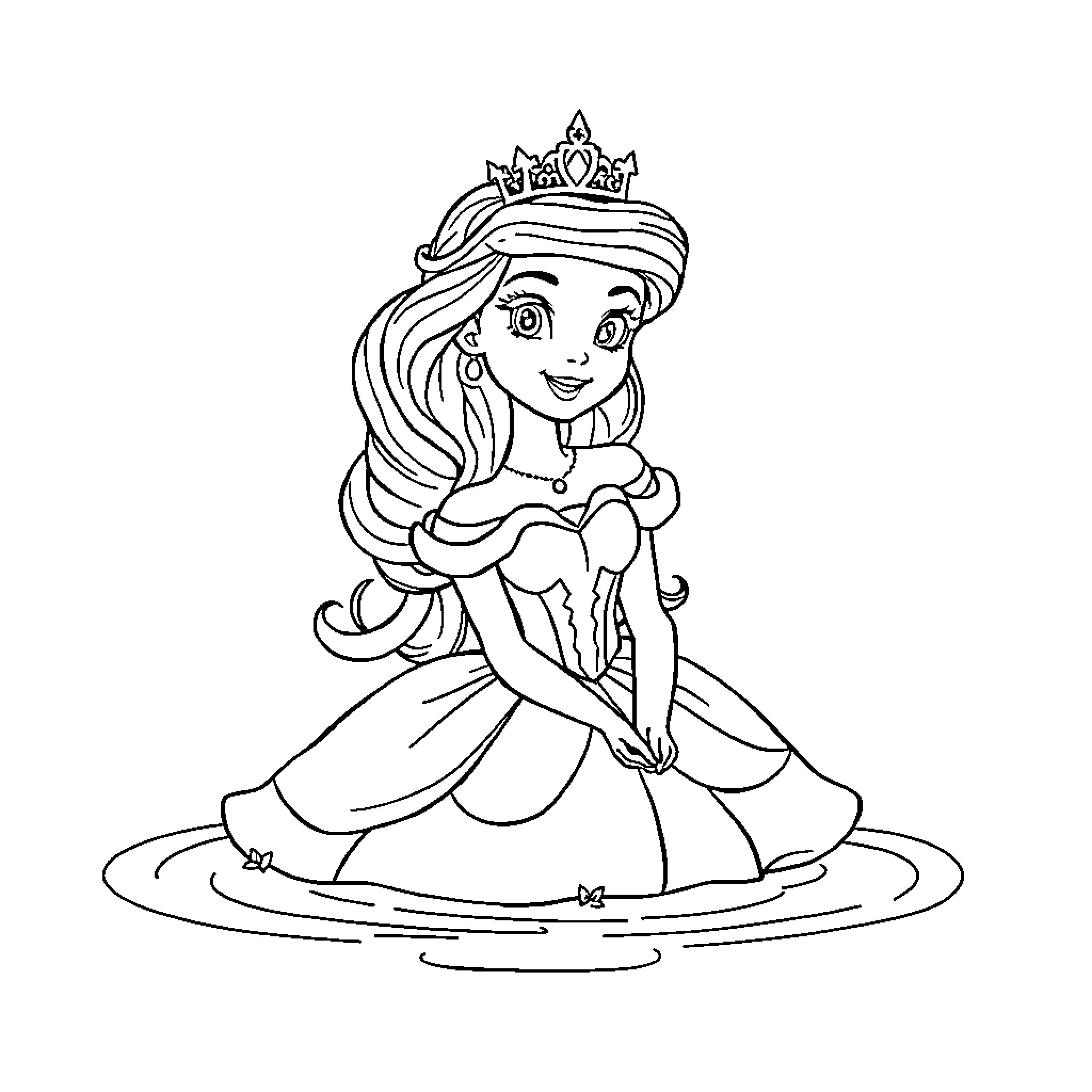 Princess in a Lovely Dress and Tiara Coloring Page (free black-and-white line drawing printable PDF for all, from beginners to advanced learners, including children, teens, adults, and seniors)