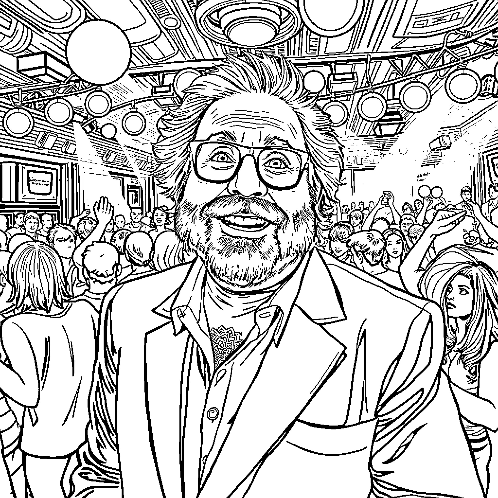 Danny DeVito Happily Interacting with a Crowd Coloring Page (free black-and-white line drawing printable PDF for all, from beginners to advanced learners, including children, teens, adults, and seniors)