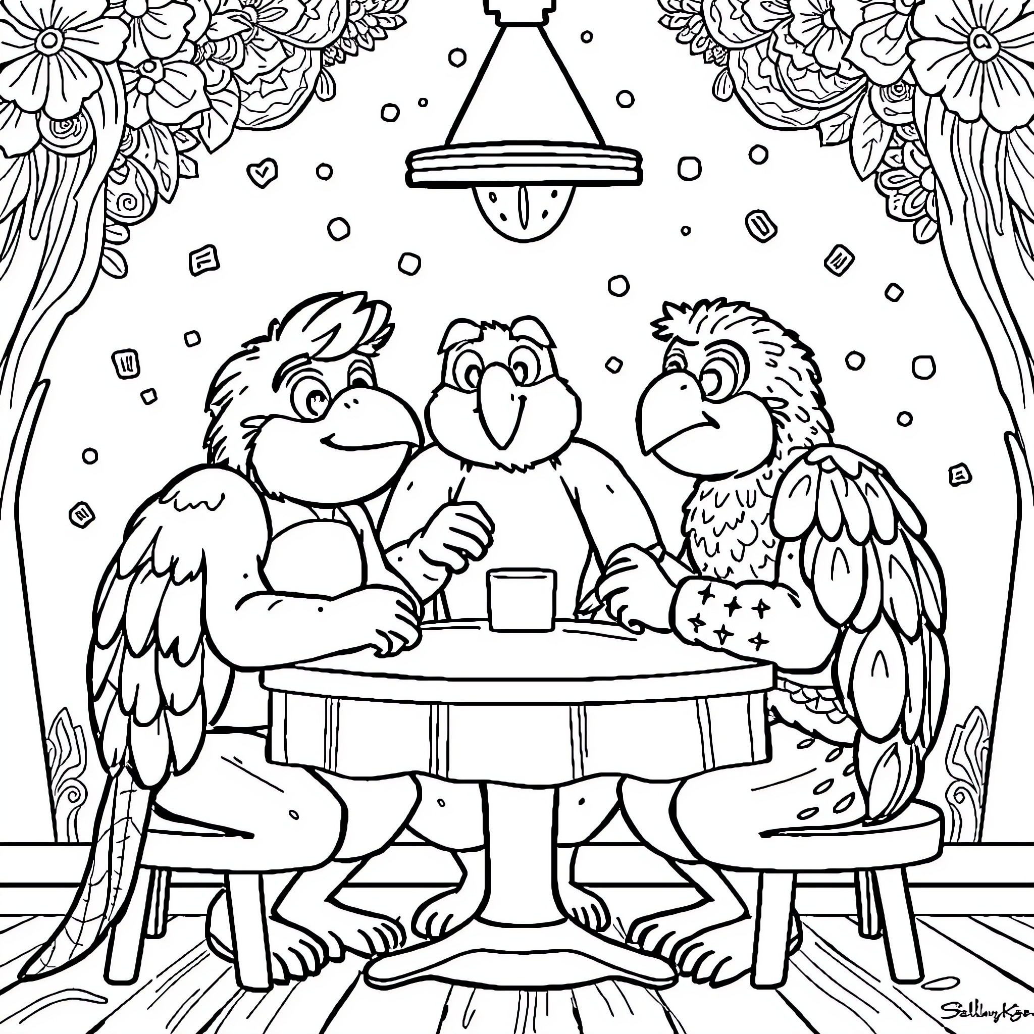 Amigo Parrots Enjoying a Cozy Cafe Gathering Coloring Page (free black-and-white line drawing printable PDF for all, from beginners to advanced learners, including children, teens, adults, and seniors)