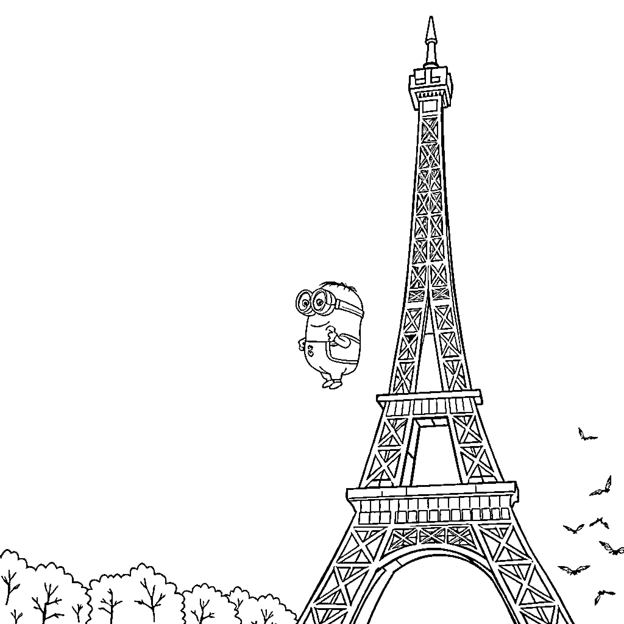 Minion Admiring Iconic Eiffel Tower Coloring Page (free black-and-white line drawing printable PDF for all, from beginners to advanced learners, including children, teens, adults, and seniors)