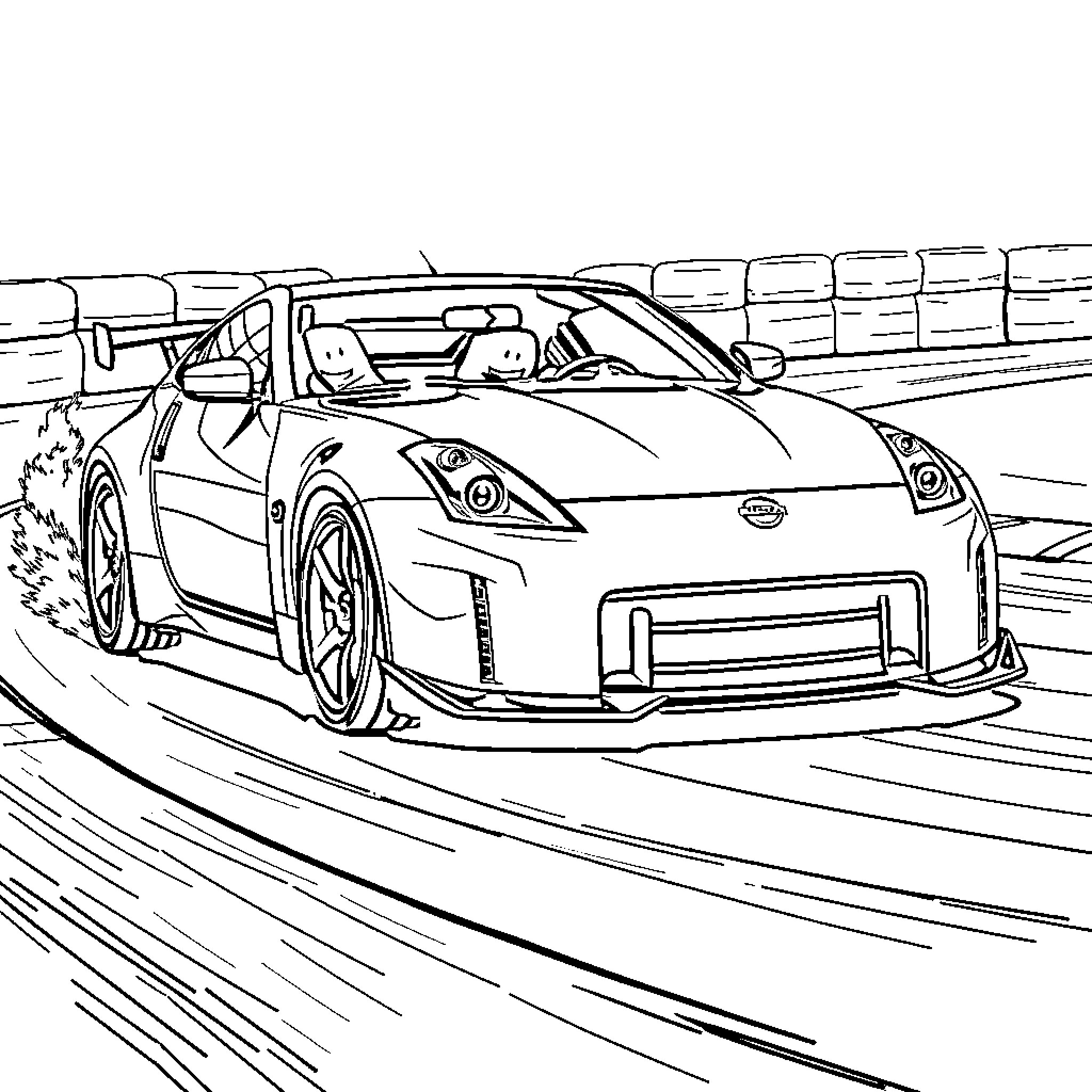 Nissan 350z racing on the track Coloring Page (free black-and-white line drawing printable PDF for all, from beginners to advanced learners, including children, teens, adults, and seniors)
