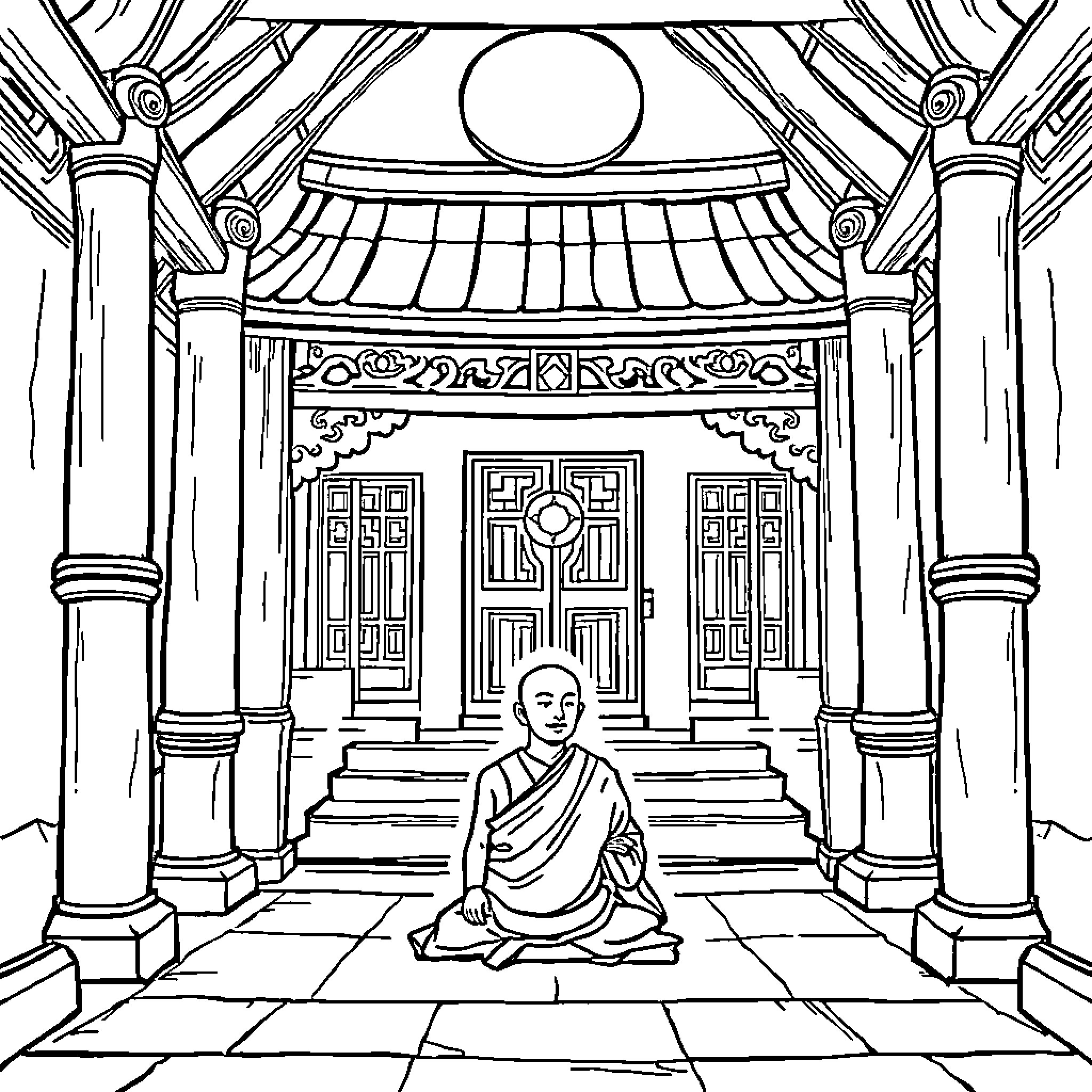 Monk meditating in an ornate temple Coloring Page (free black-and-white line drawing printable PDF for all, from beginners to advanced learners, including children, teens, adults, and seniors)
