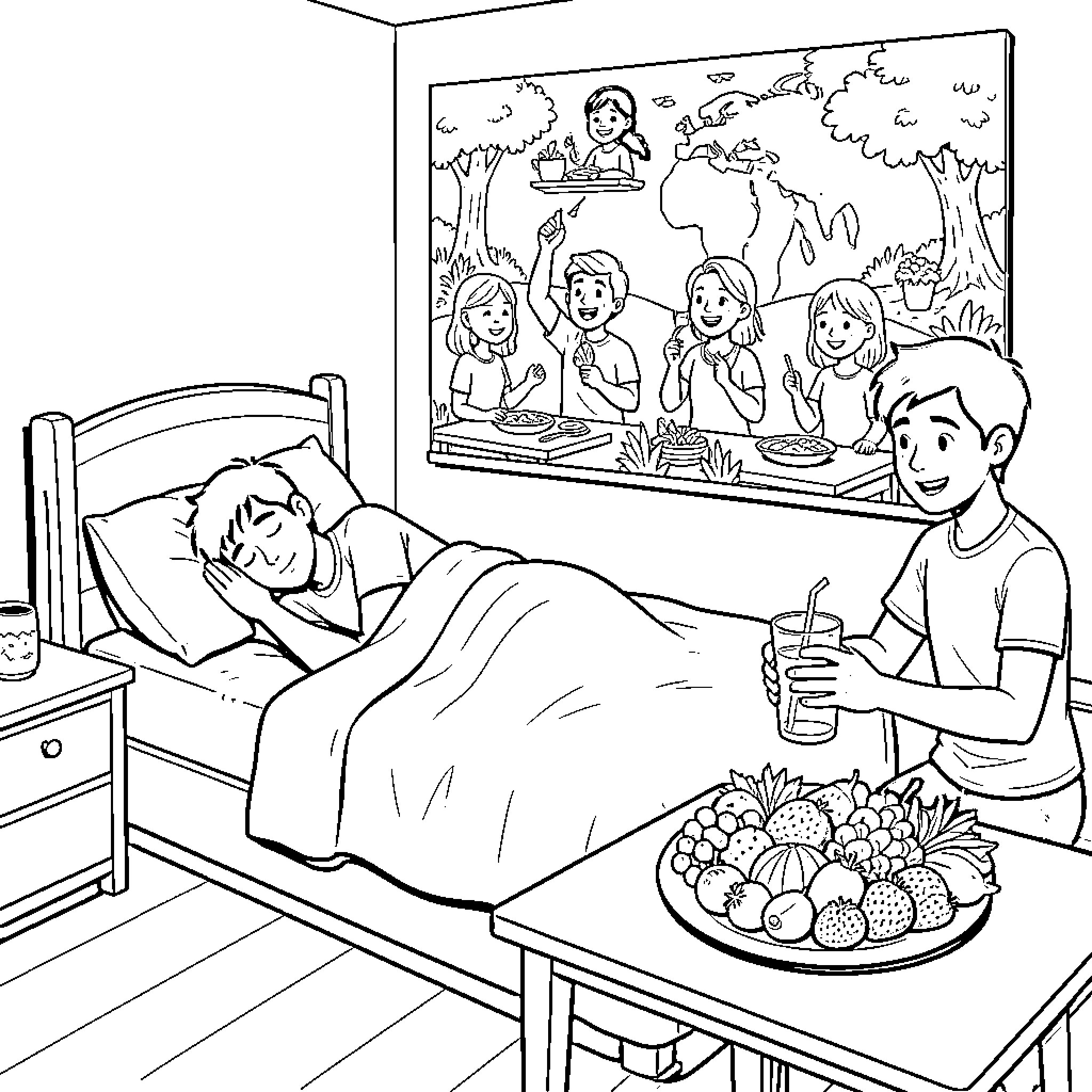 Chavo's Bedtime Imagination Coloring Page (free black-and-white line drawing printable PDF for all, from beginners to advanced learners, including children, teens, adults, and seniors)