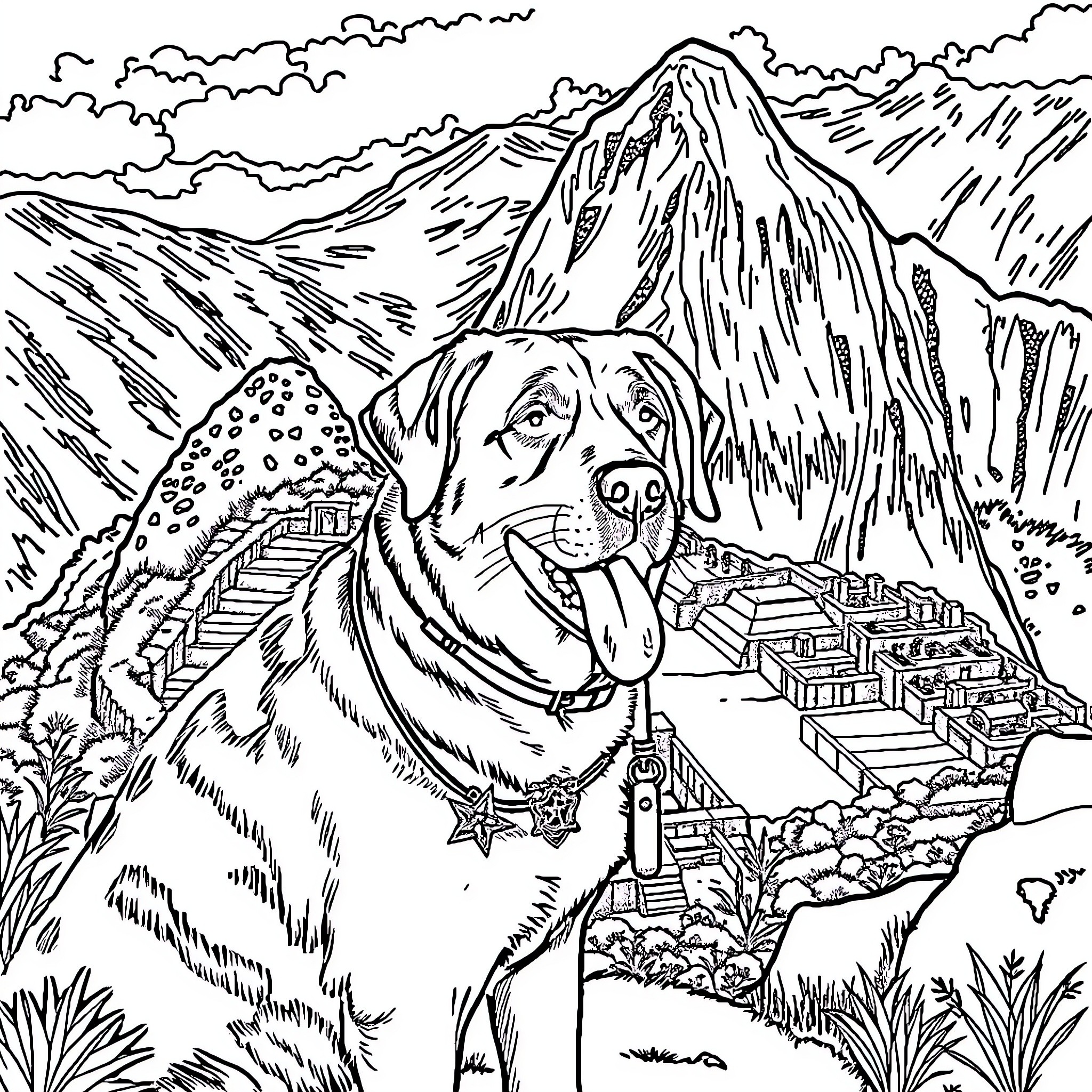 Sheriff Labrador patrolling the mountain landscape Coloring Page (free black-and-white line drawing printable PDF for all, from beginners to advanced learners, including children, teens, adults, and seniors)