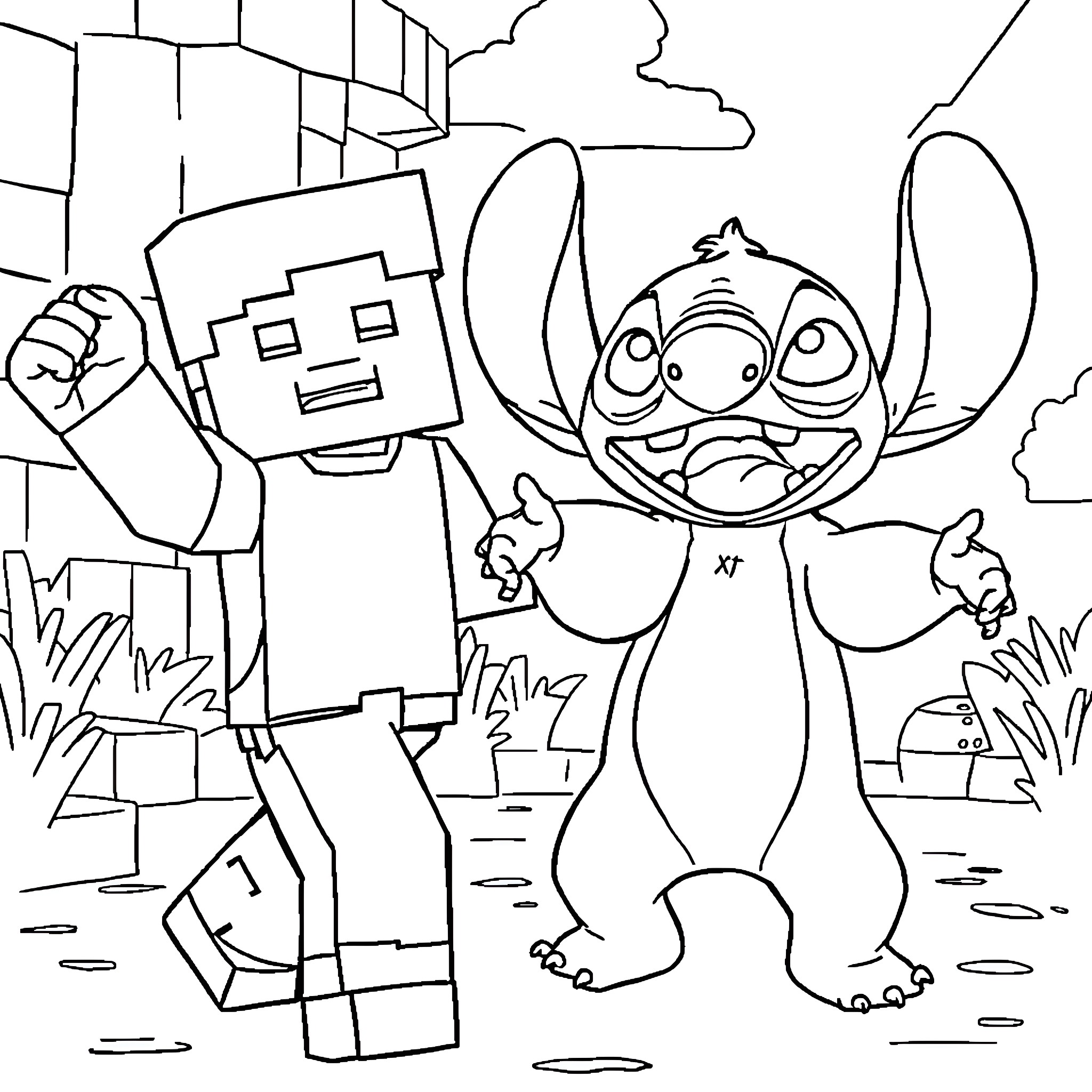 Steve's Blocky Adventure with Stitch Coloring Page (free black-and-white line drawing printable PDF for all, from beginners to advanced learners, including children, teens, adults, and seniors)