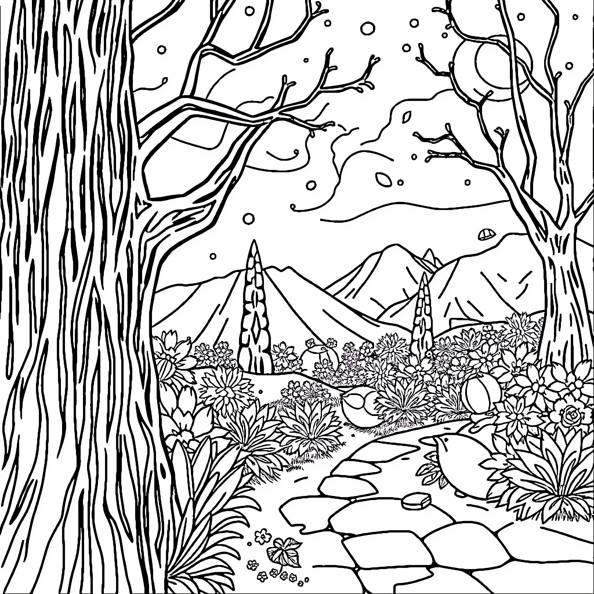 Mystery Enchanted Forest with Wondrous Landscape Coloring Page (free black-and-white line drawing printable PDF for all, from beginners to advanced learners, including children, teens, adults, and seniors)