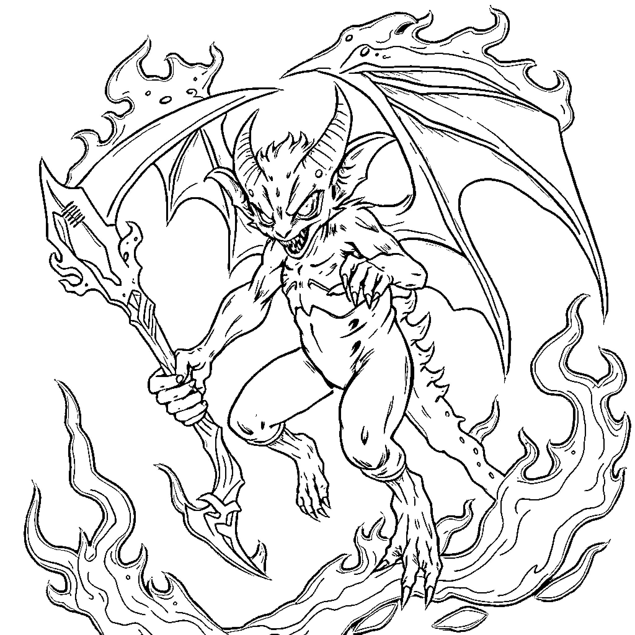 Bat-like creature unleashing fiery destruction Coloring Page (free black-and-white line drawing printable PDF for all, from beginners to advanced learners, including children, teens, adults, and seniors)