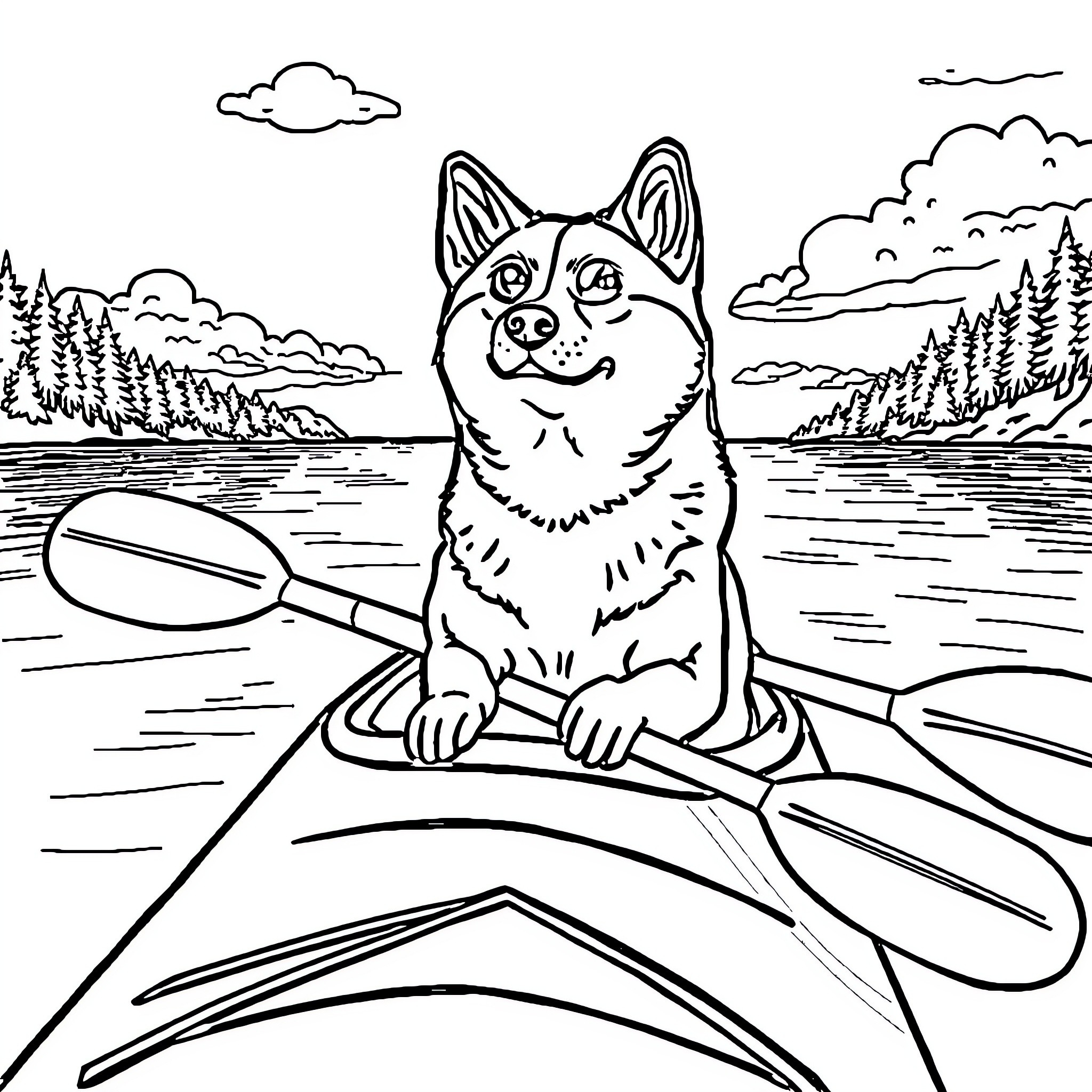 Shiba Inu relaxing in a canoe on a peaceful lake Coloring Page (free black-and-white line drawing printable PDF for all, from beginners to advanced learners, including children, teens, adults, and seniors)