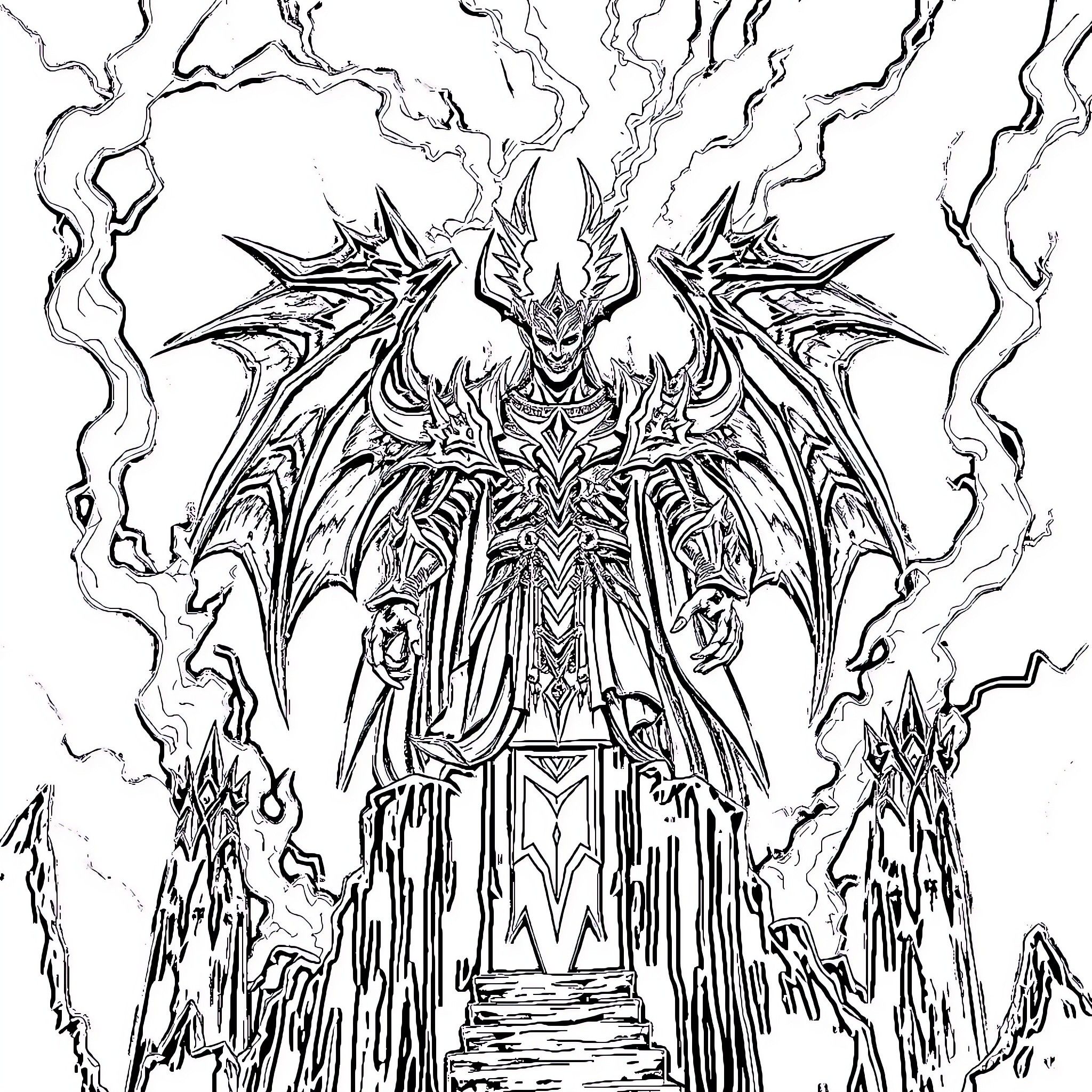 Illidan's Demonic Transformation and Ascension Coloring Page (free black-and-white line drawing printable PDF for all, from beginners to advanced learners, including children, teens, adults, and seniors)