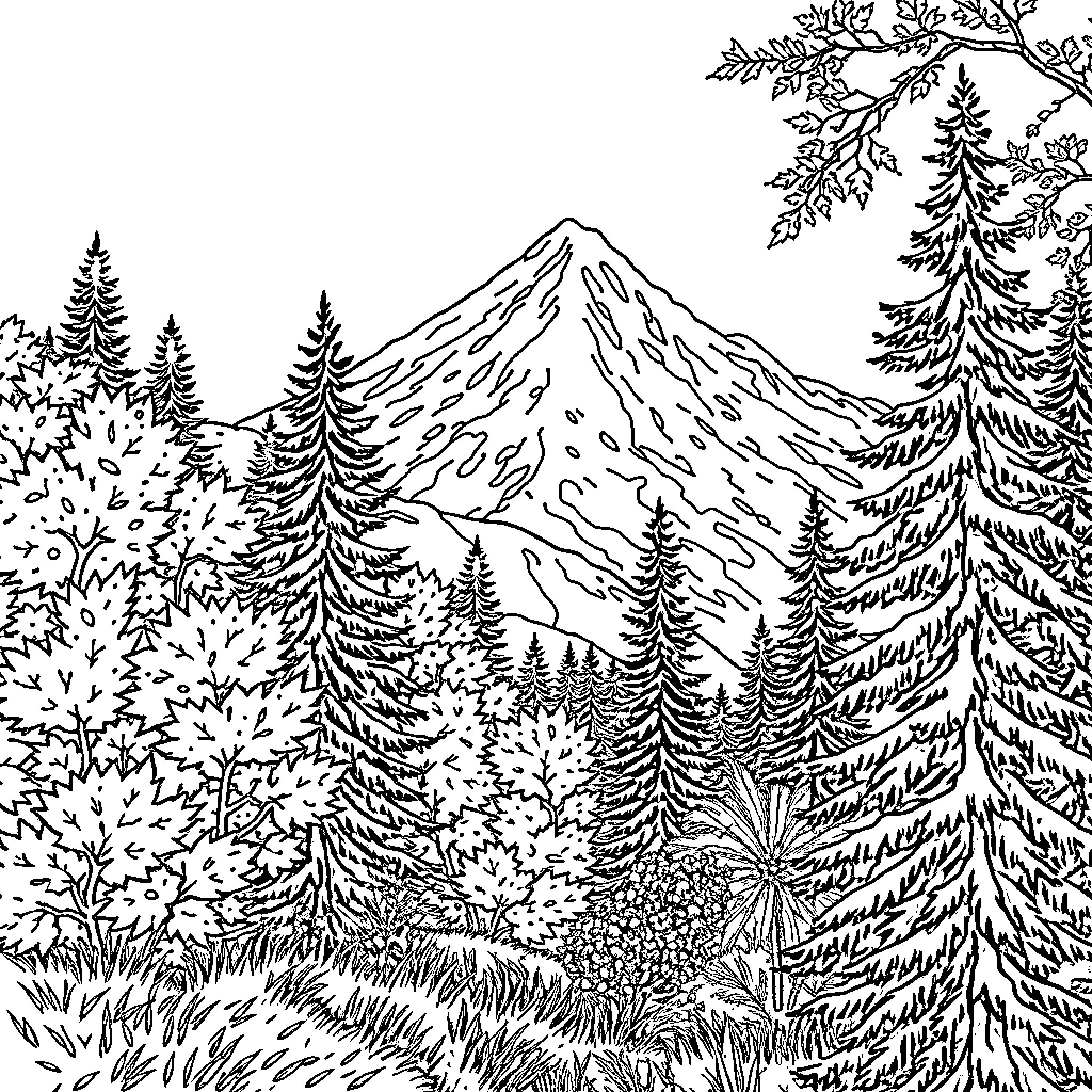 Tree-covered mountain landscape with a towering peak Coloring Page (free black-and-white line drawing printable PDF for all, from beginners to advanced learners, including children, teens, adults, and seniors)