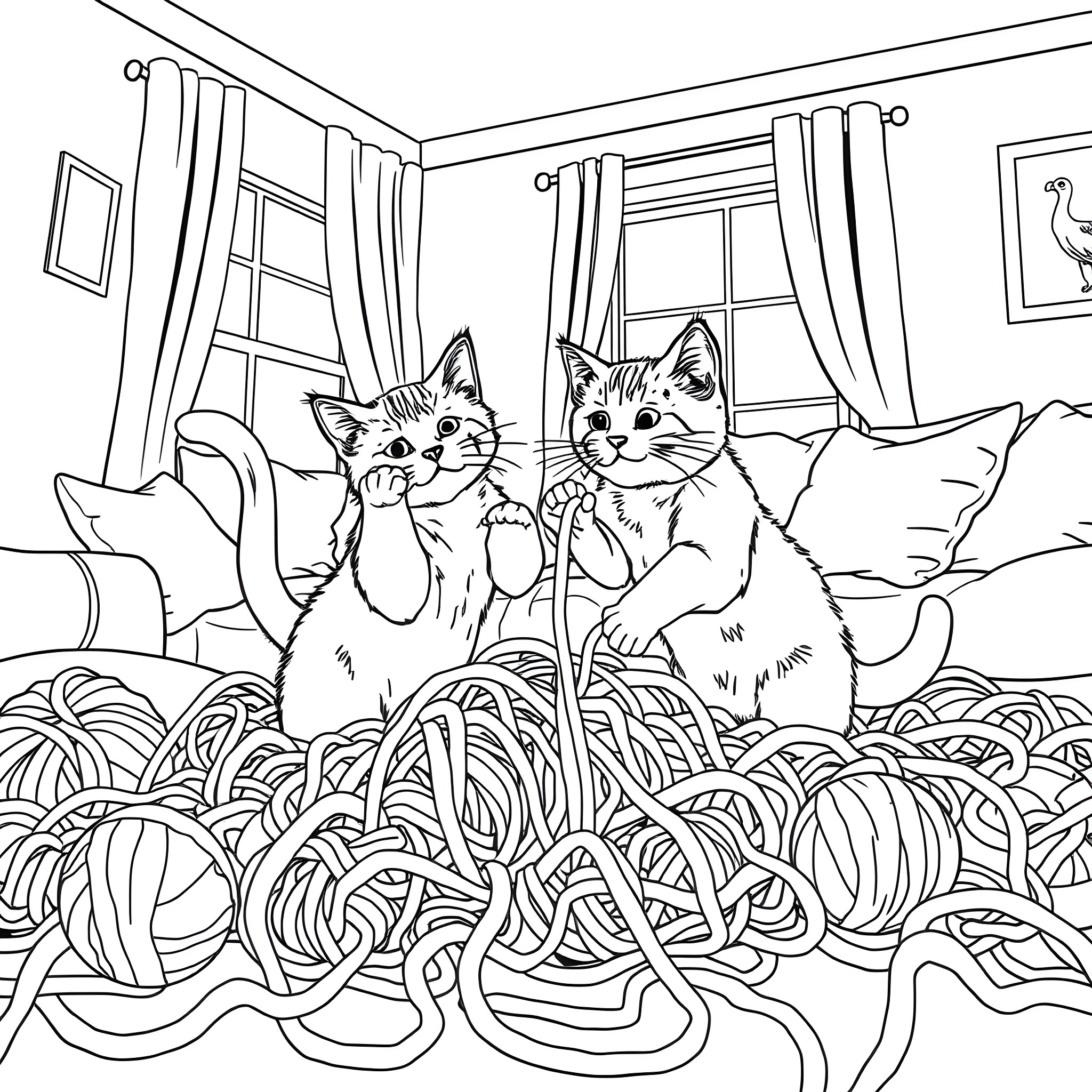 Cats Playing in Yarn Pile Coloring Page (free black-and-white line drawing printable PDF for all, from beginners to advanced learners, including children, teens, adults, and seniors)