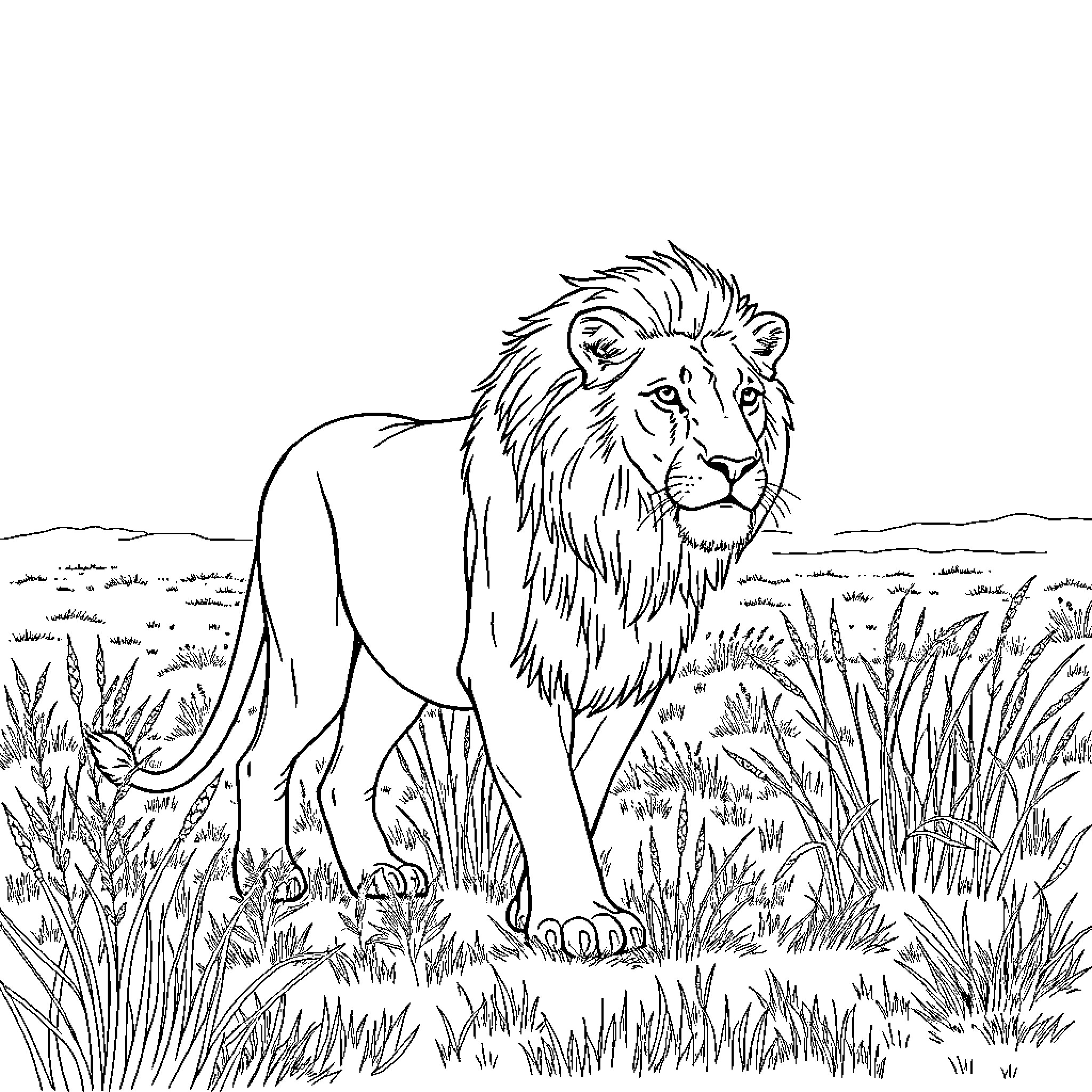 Lion standing proudly in the wild landscape Coloring Page (free black-and-white line drawing printable PDF for all, from beginners to advanced learners, including children, teens, adults, and seniors)