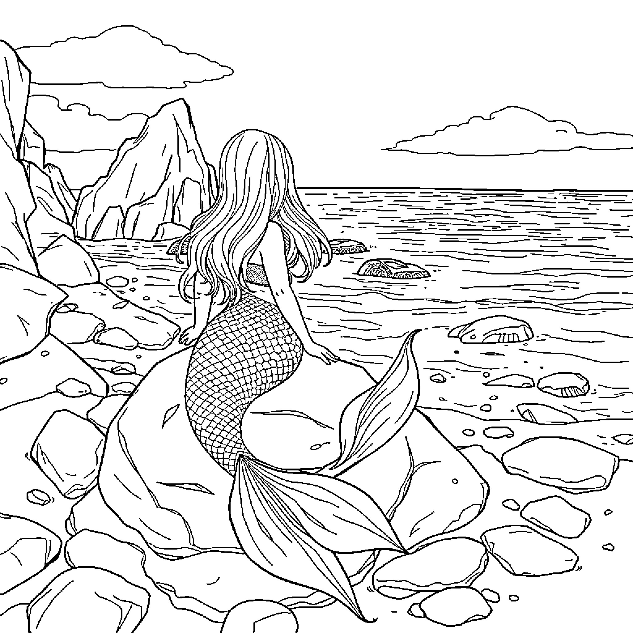 Mermaid sitting on the rocky shore Coloring Page (free black-and-white line drawing printable PDF for all, from beginners to advanced learners, including children, teens, adults, and seniors)