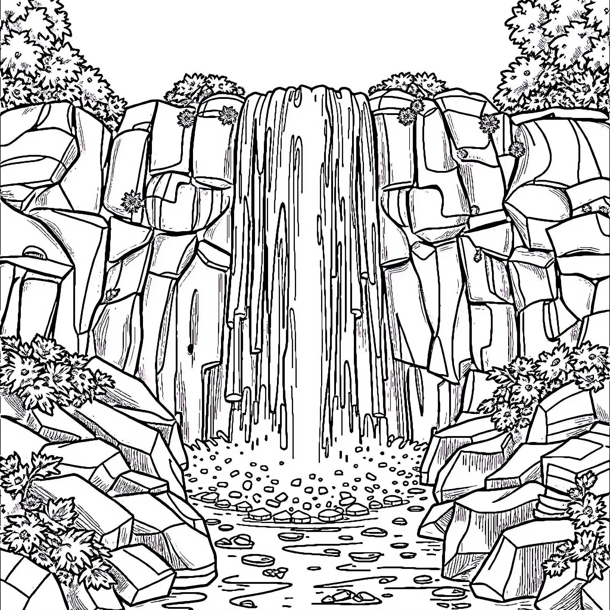 Waterfall flowing through rugged rocky landscape Coloring Page (free black-and-white line drawing printable PDF for all, from beginners to advanced learners, including children, teens, adults, and seniors)