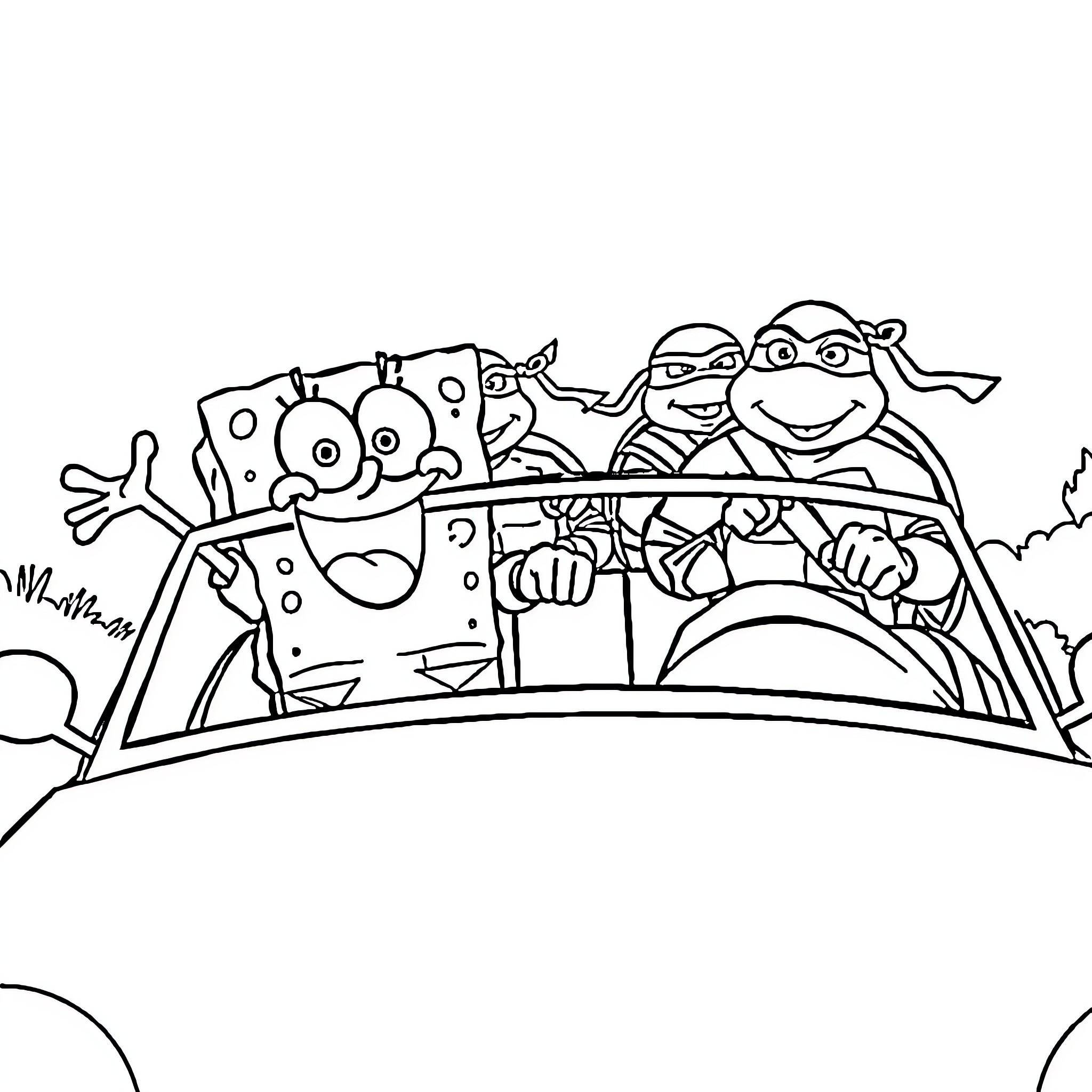 Spongebob and friends riding in a car Coloring Page (free black-and-white line drawing printable PDF for all, from beginners to advanced learners, including children, teens, adults, and seniors)