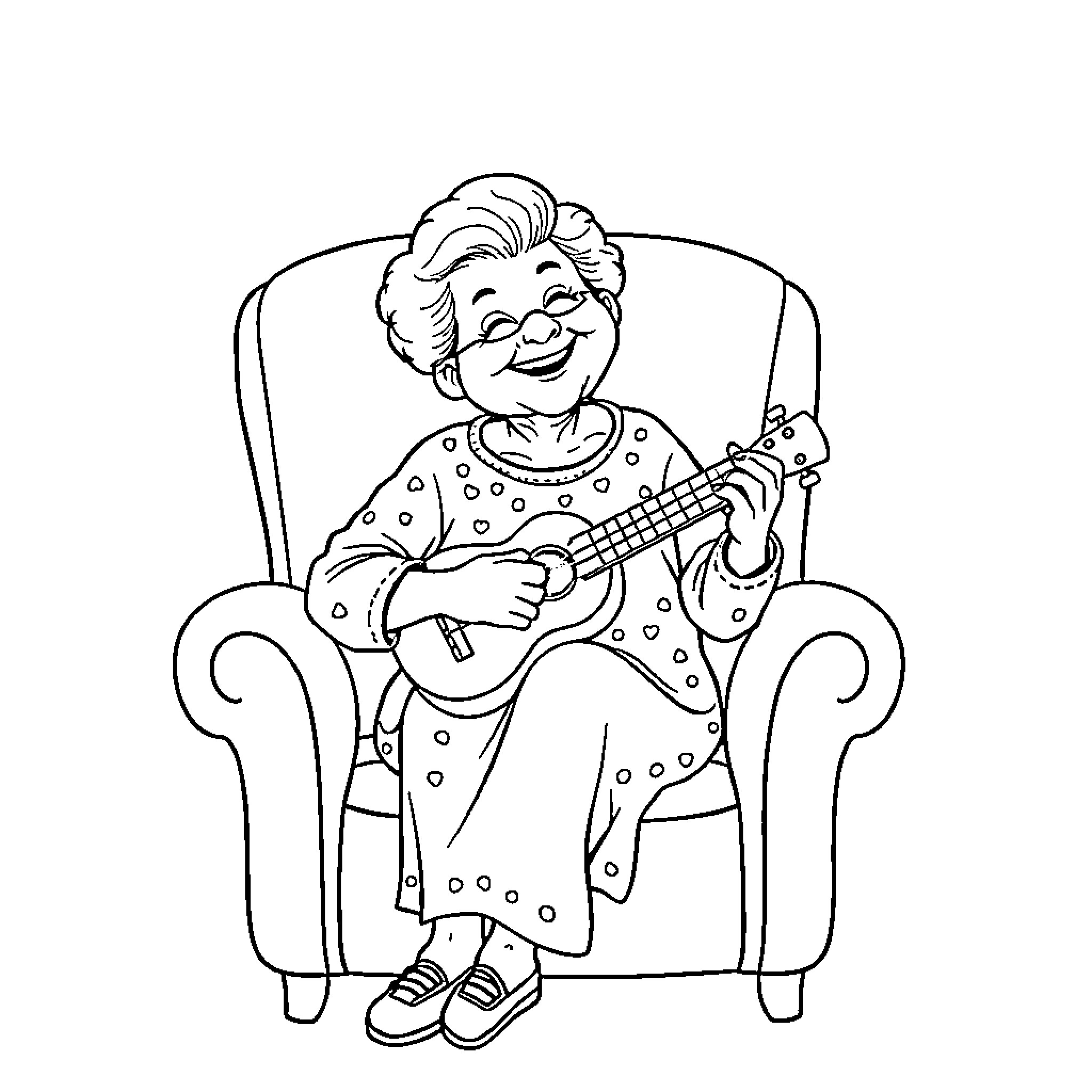 Grandma playing her guitar happily in the armchair Coloring Page (free black-and-white line drawing printable PDF for all, from beginners to advanced learners, including children, teens, adults, and seniors)