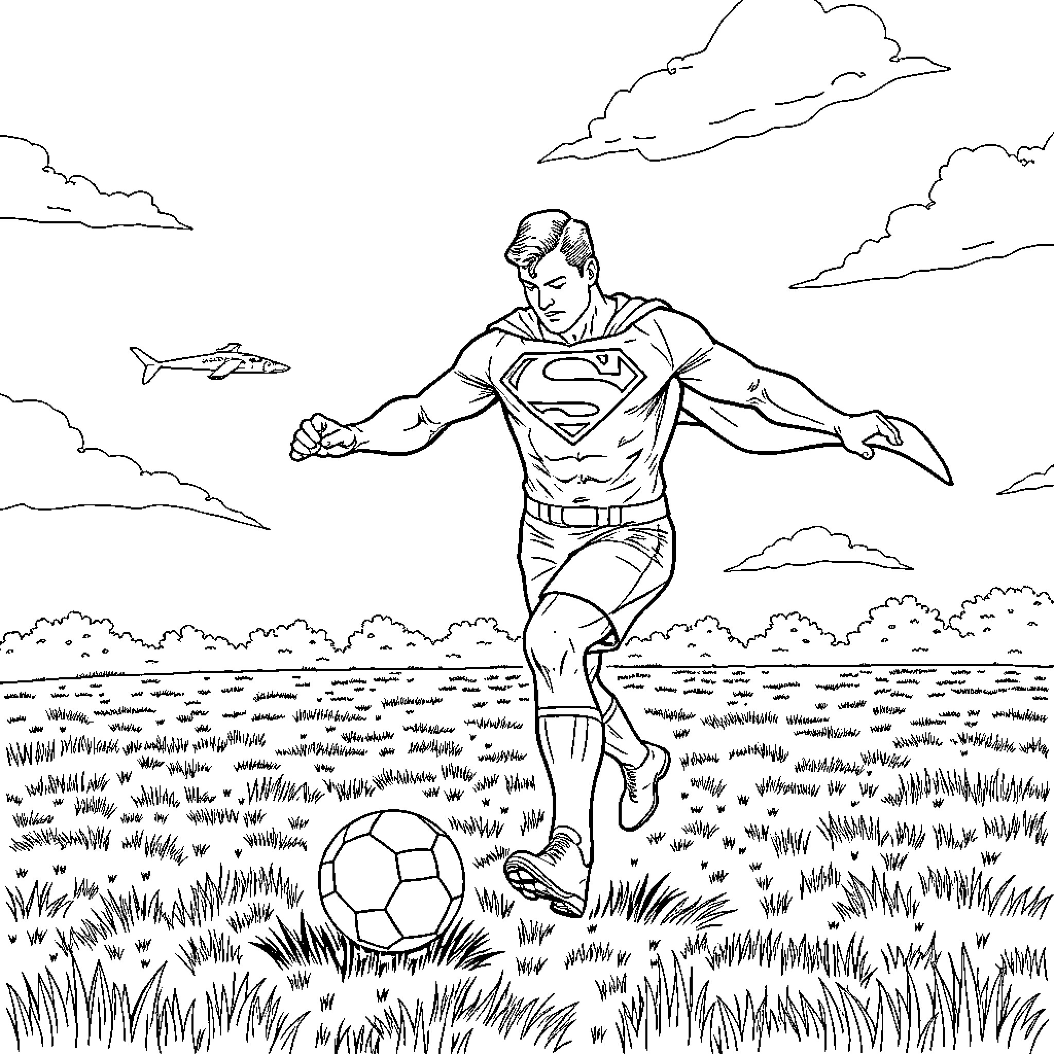 Superman playing soccer in the countryside Coloring Page (free black-and-white line drawing printable PDF for all, from beginners to advanced learners, including children, teens, adults, and seniors)