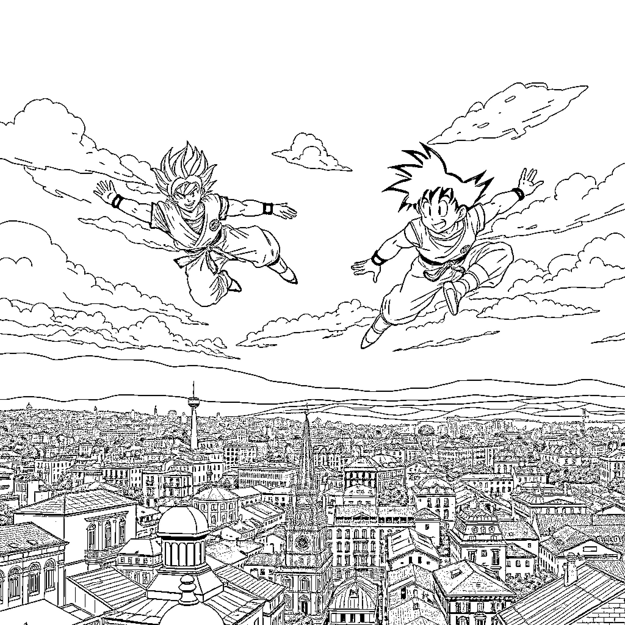Son Goku and Vegeta soaring over the city Coloring Page (free black-and-white line drawing printable PDF for all, from beginners to advanced learners, including children, teens, adults, and seniors)